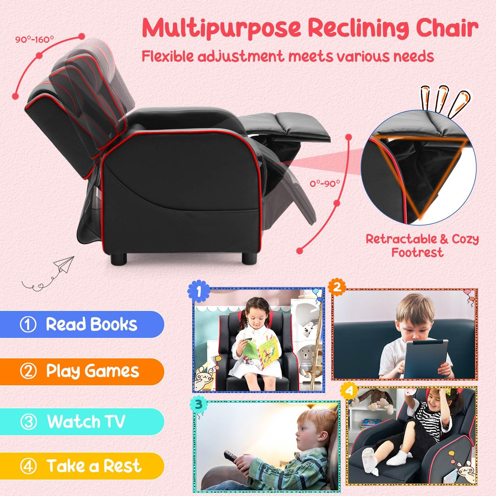 Kids Recliner Sofa Couch with Adjustable Backrest Footrest and High Density Sponge