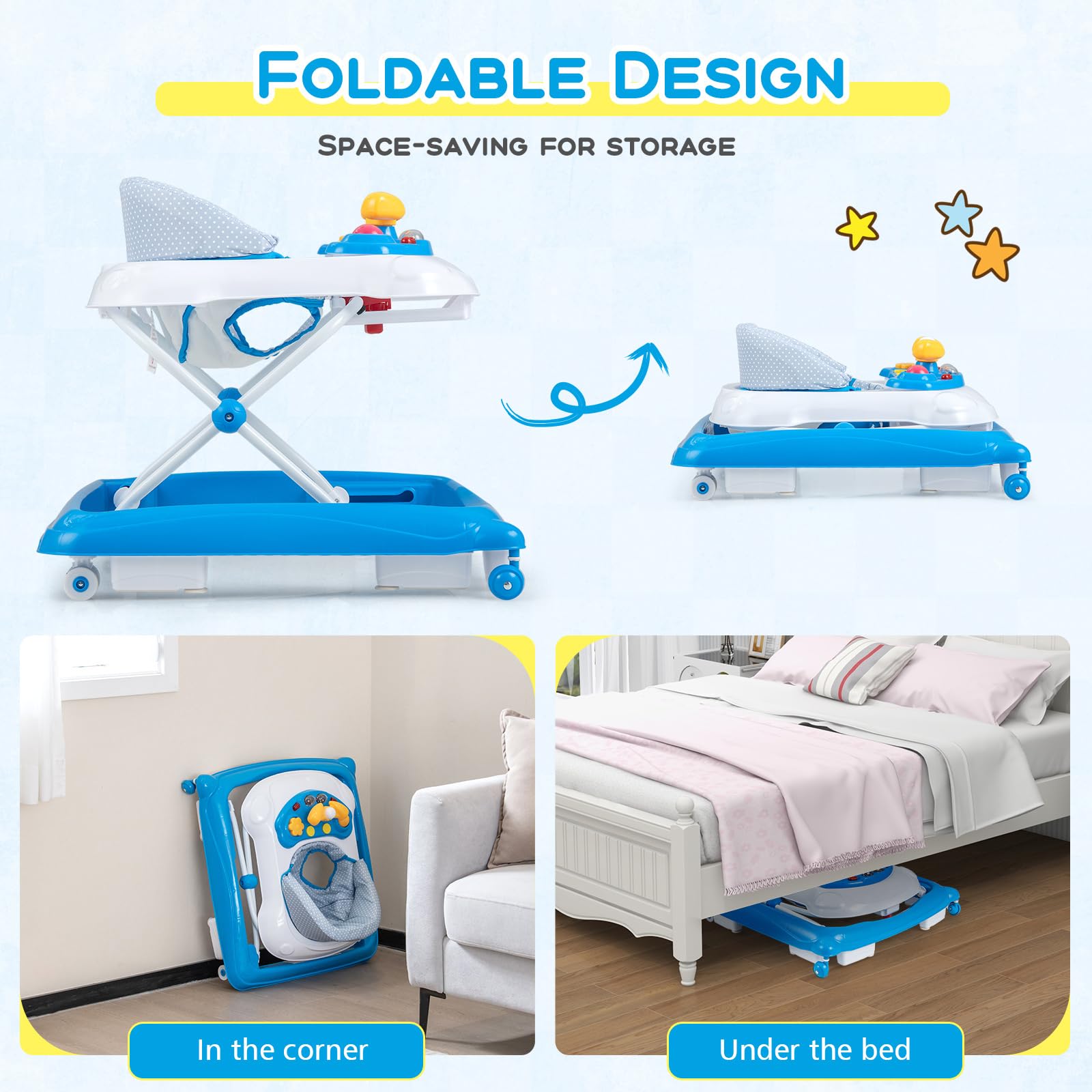 Foldable Baby Walker with 3 Adjustable Heights Comfy Padded Seat Lights and Music Tray