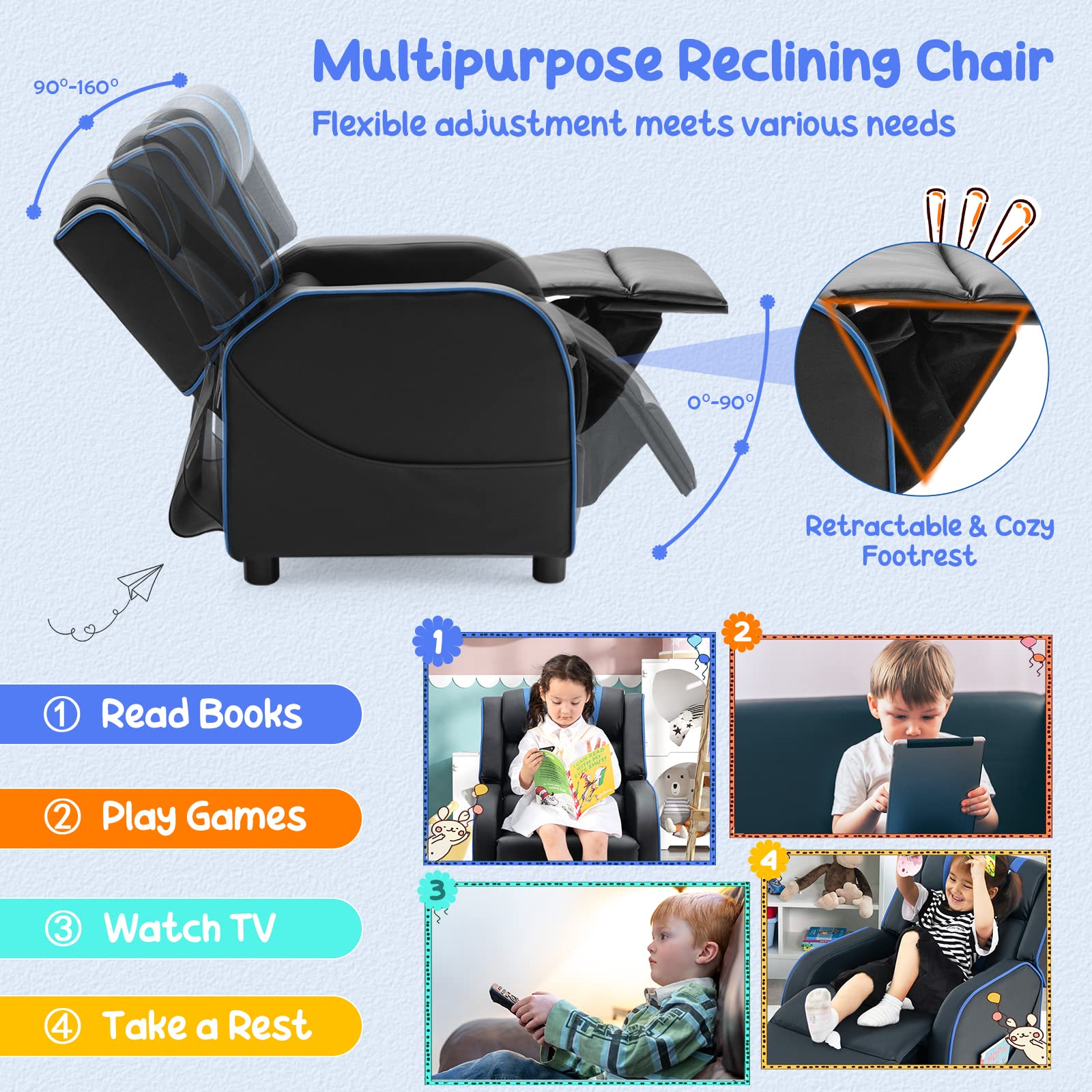 Kids Recliner Sofa Couch with Adjustable Backrest Footrest and High Density Sponge