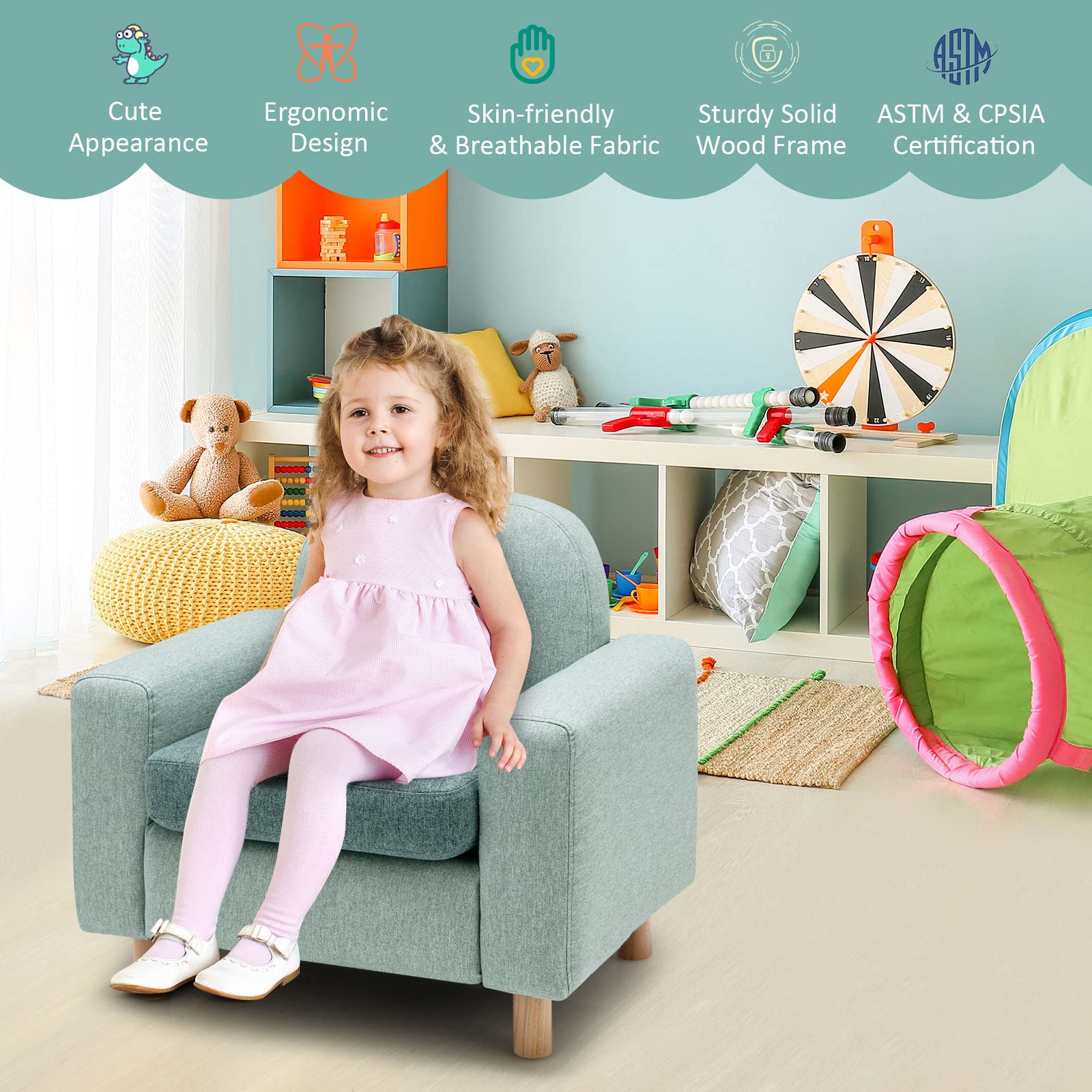 Kids Sofa Wooden Armrest Chair Couch with Thick Cushion Beech Legs