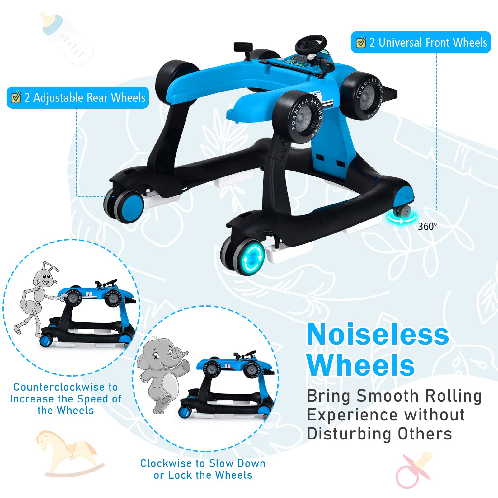 4-in-1 Foldable Activity Car Walker with Adjustable Height and Speed