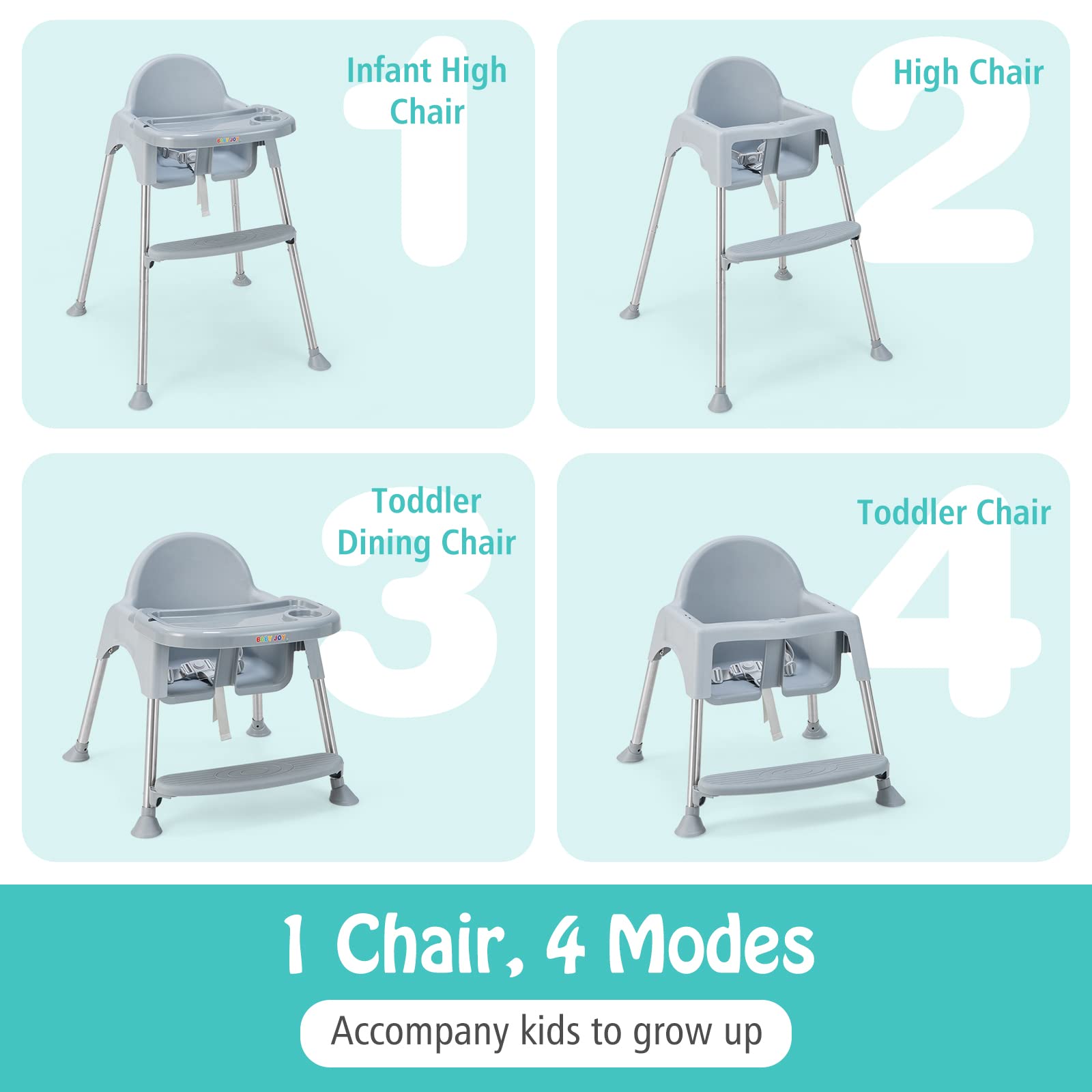 4-in-1 Convertible Baby High Chair with Removable Double Tray