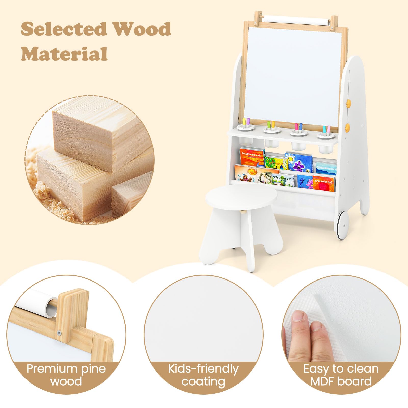 INFANS Easel for Kids with Stool, 4-in-1 Double-Sided Adjustable Magnetic Chalkboard with Paper Roll