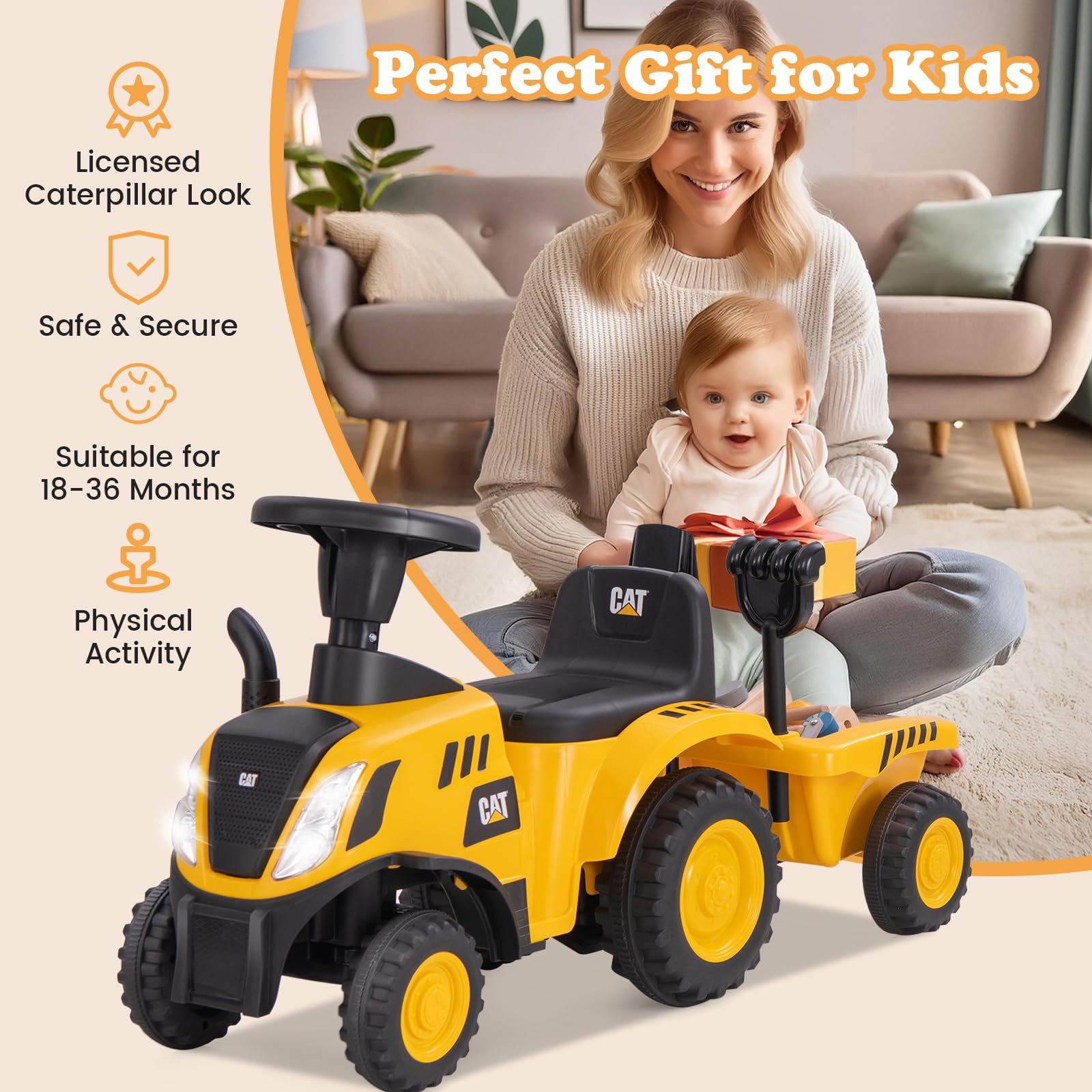 Licensed Caterpillar Ride on Tractor by OLAKIDS, 2 in 1 Ride on Push Car with Detachable Trailer