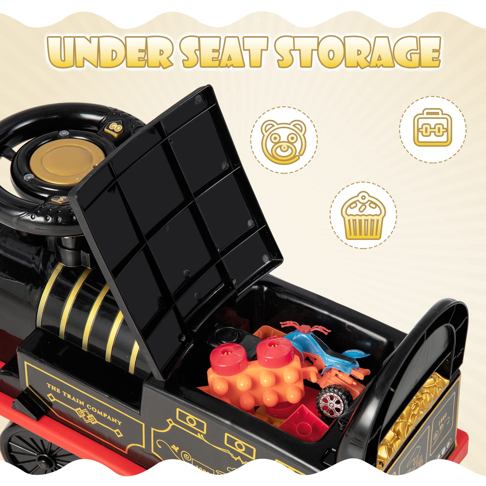 OLAKIDS Kids Ride On Train with Track 6V Electric Toy with Lights and Sounds