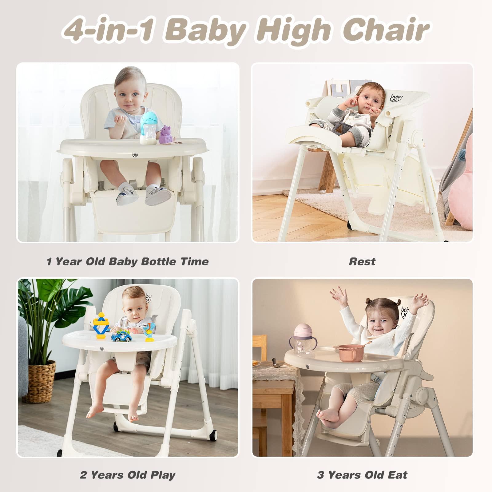 4-in-1 Baby High Chair Foldable Feeding Chair w/ 6 Adjustable Heights