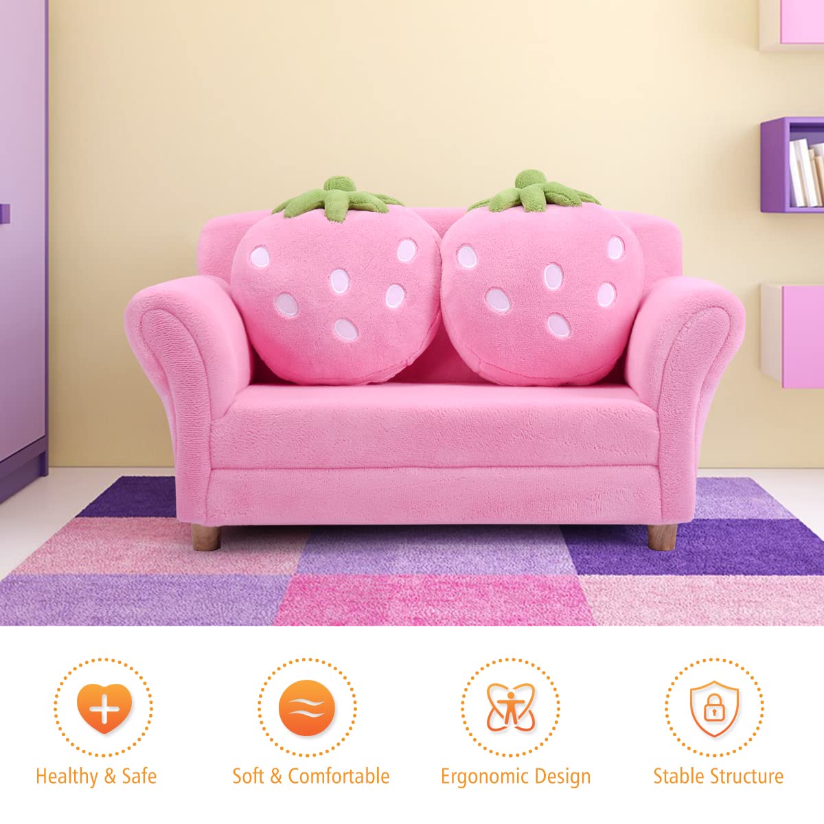 Children Couch Armrest Chair Double Seats with Strawberry Pillows