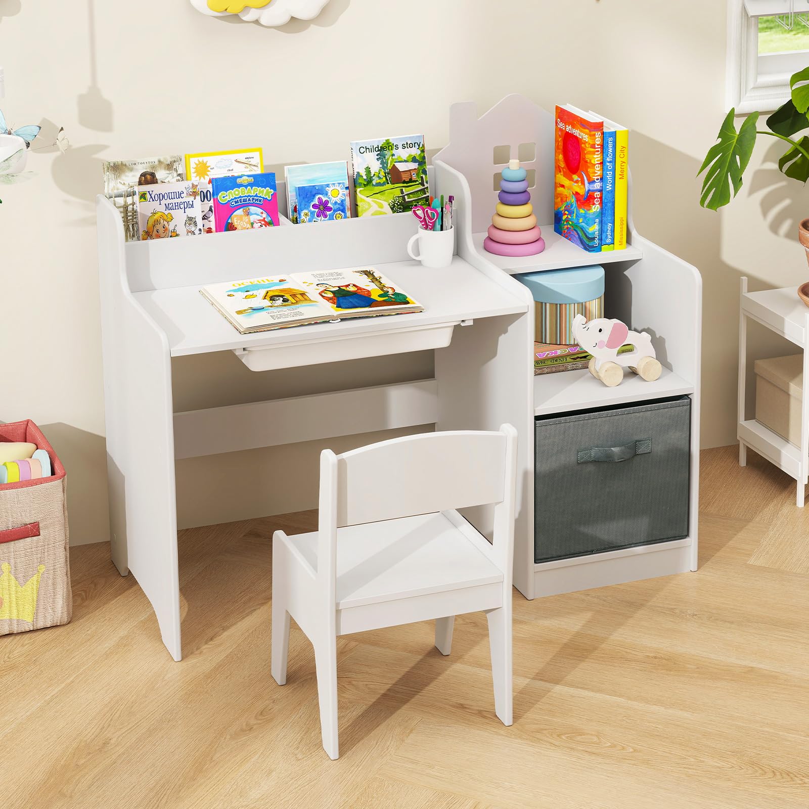 INFANS Kids Table and Chair Set Toddler Art Craft Play Wood Activity Desk with Chairs