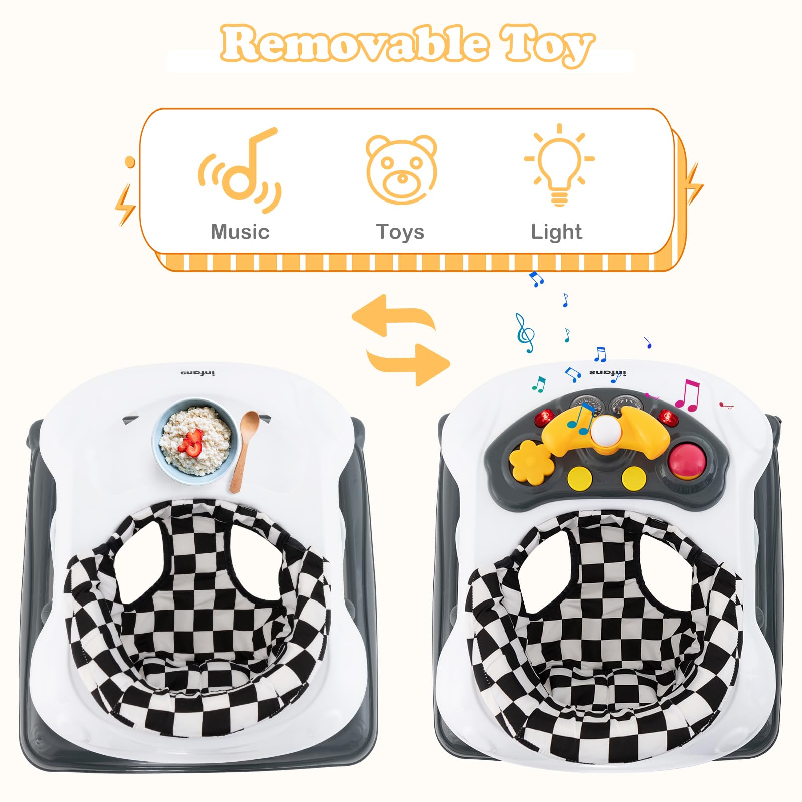 INFANS Foldable Baby Walker 3 in 1 Toddler Walker Leaning-Seated Walk-Behind with Removable Music Tray