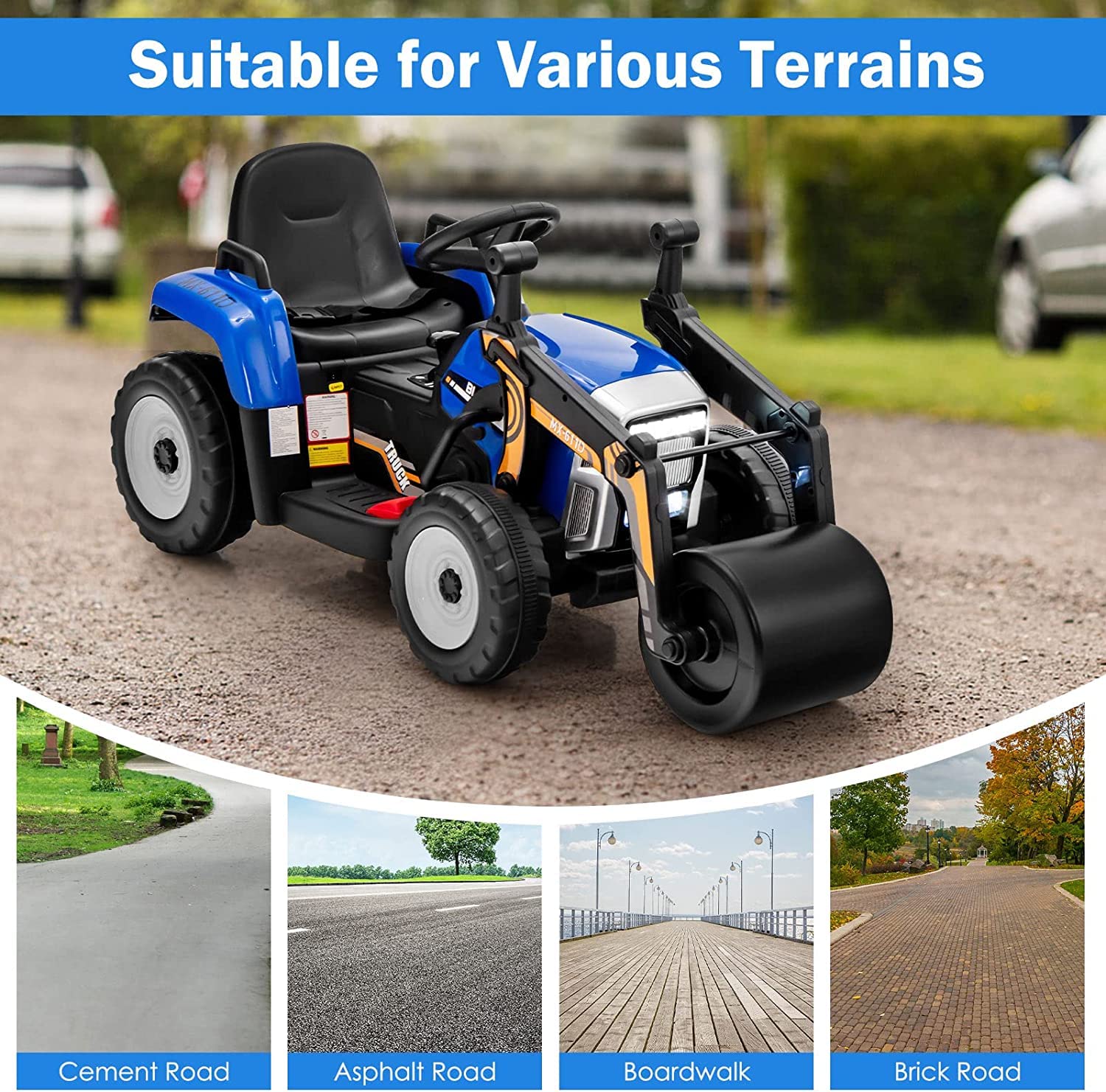 Ride on Car, 12V Road Roller with Remote Control, Battery Powered Electric Tractor w/Adjustable Drum Roller