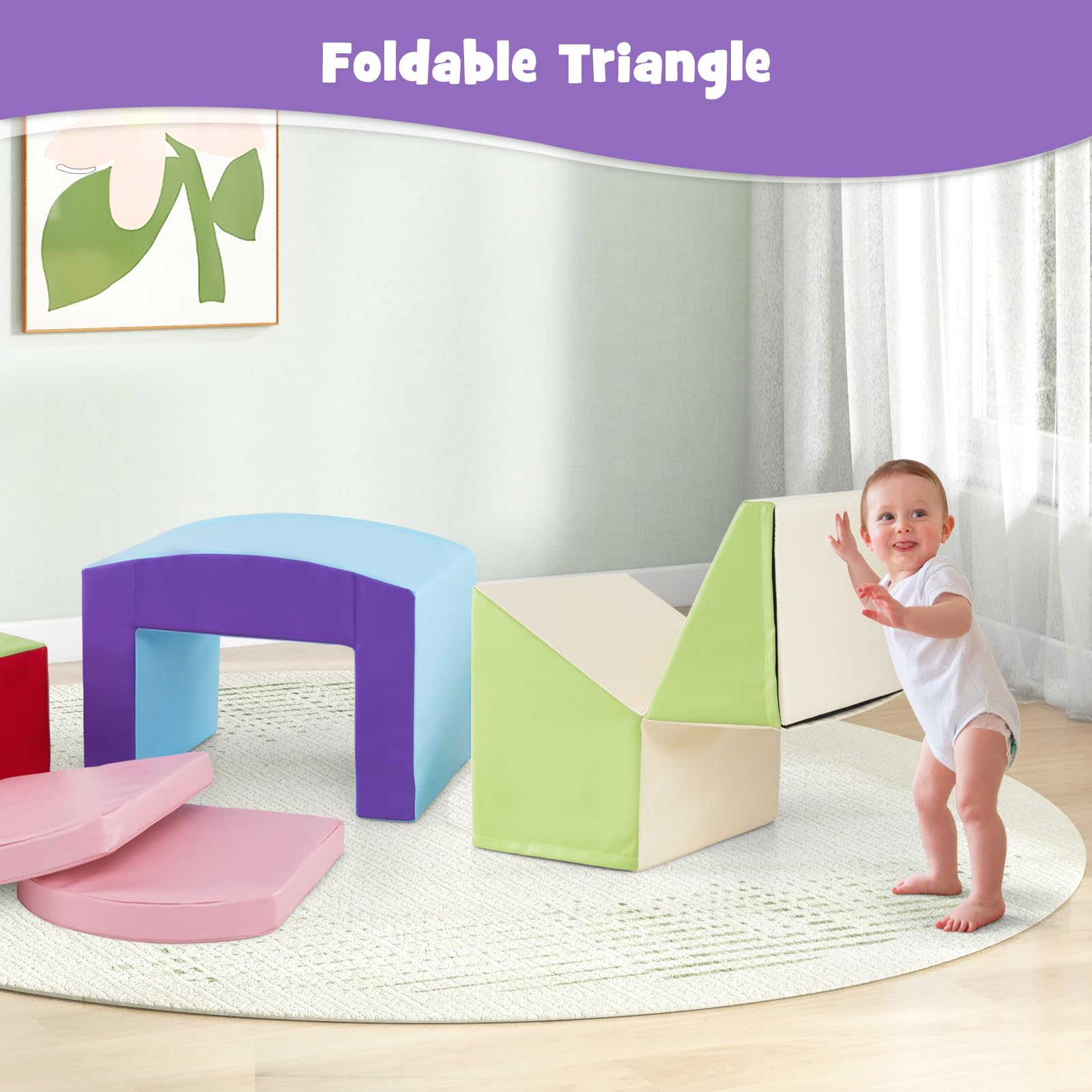 OLAKIDS Climbing Toys for Toddlers, 7 Piece Indoor Baby Foam Blocks Soft Play Set with PU Leather
