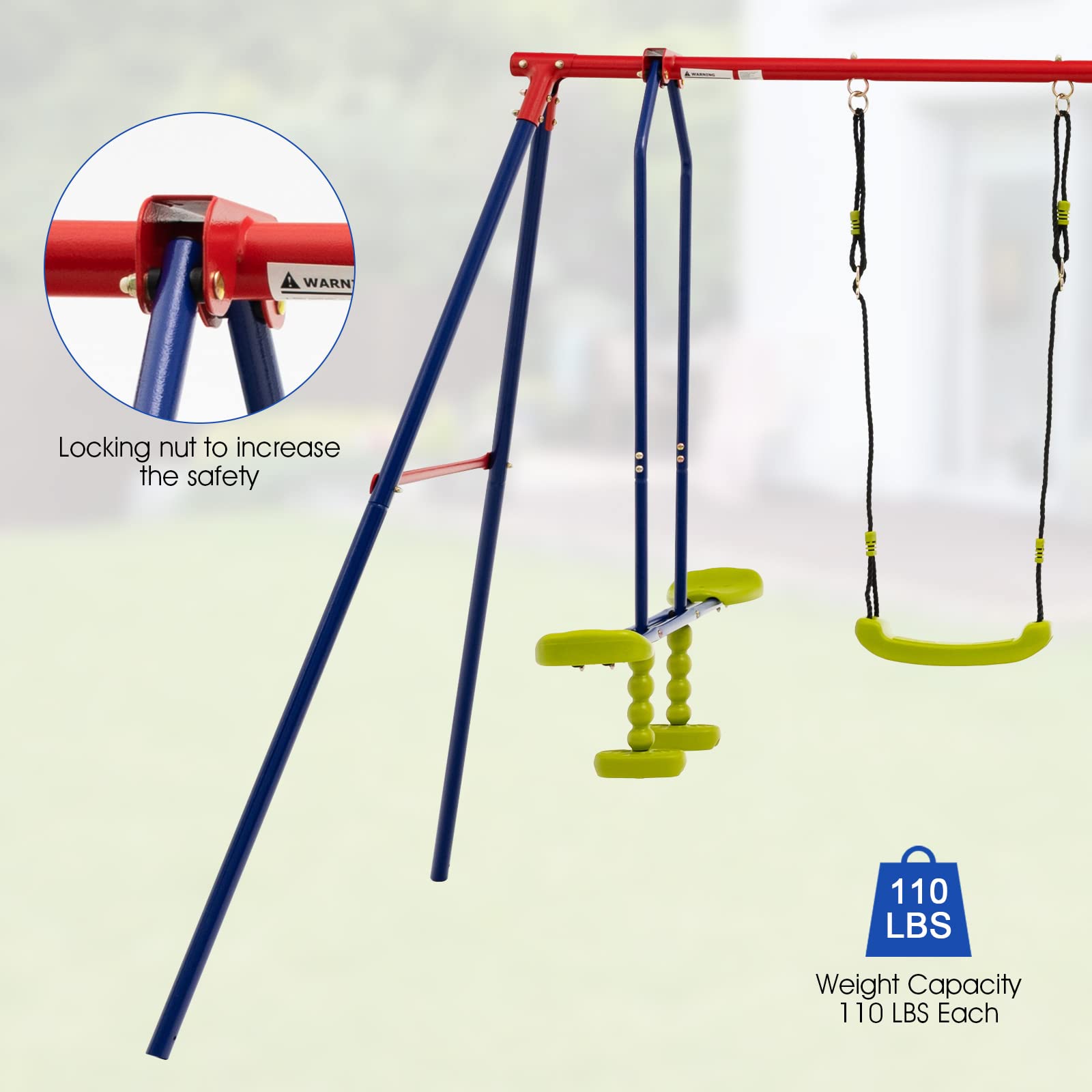 OLAKIDS 660lbs Swing Set, Outdoor A-Frame Heavy Duty Metal Swing Stand with Monkey Bar for Kids