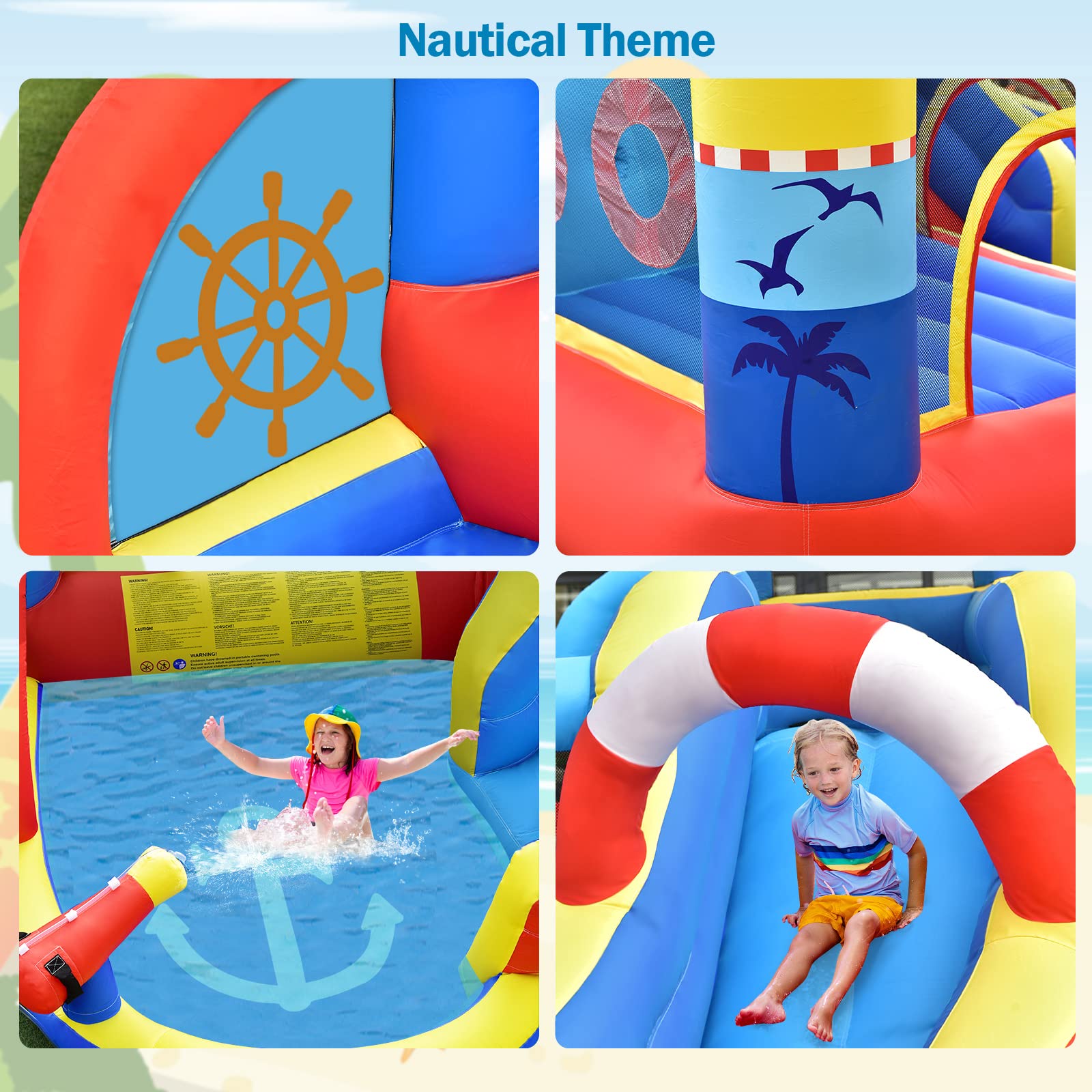 Nautical Themed Bounce House Water Park with Slide, Splash Pool, Climbing Wall, Water Gun, Outdoor Jumping Castle with Hose, Carry Bag, Repairing Kit, Stakes