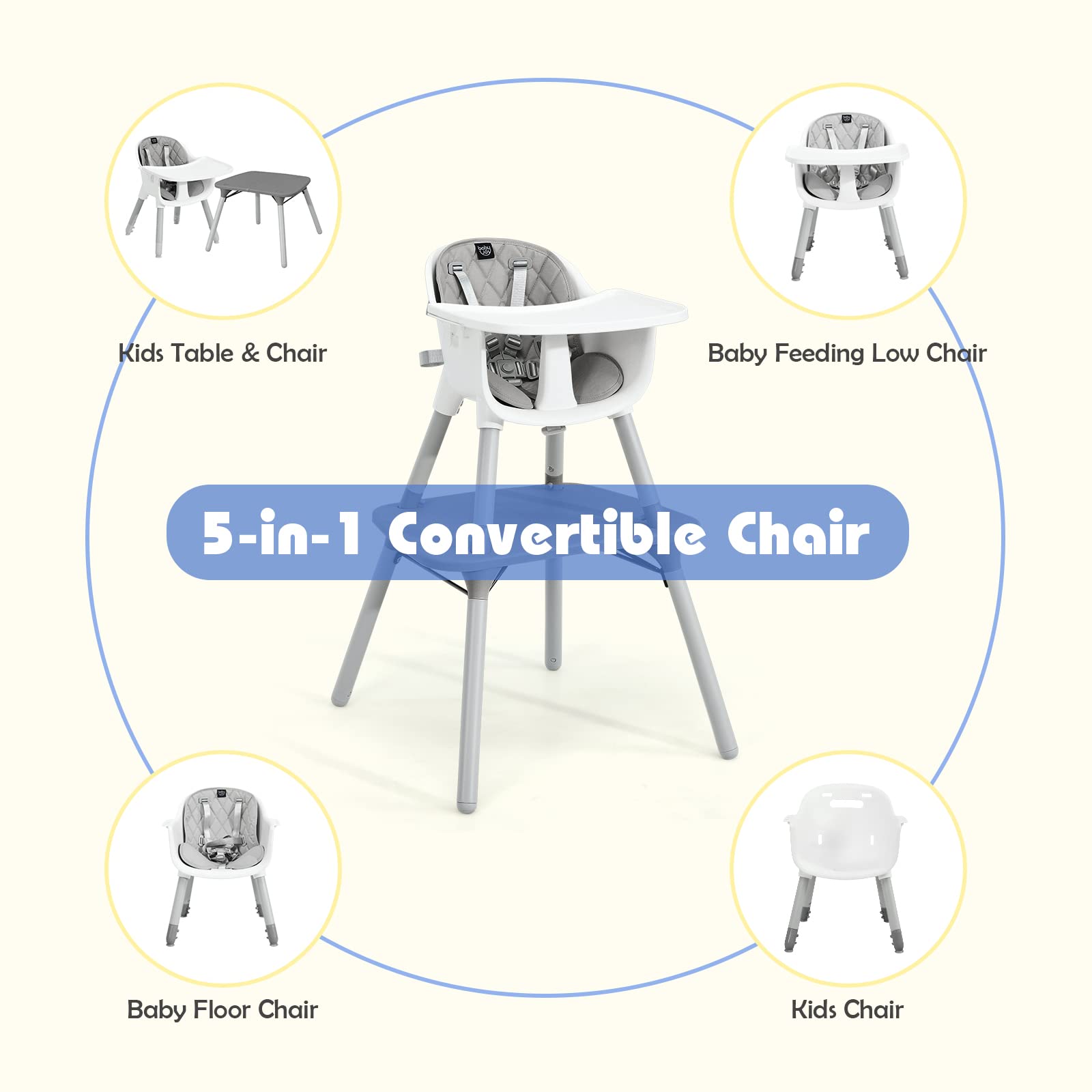 5-in-1 Multifunctional Convertible Baby Highchair with Harness & Removable Tray