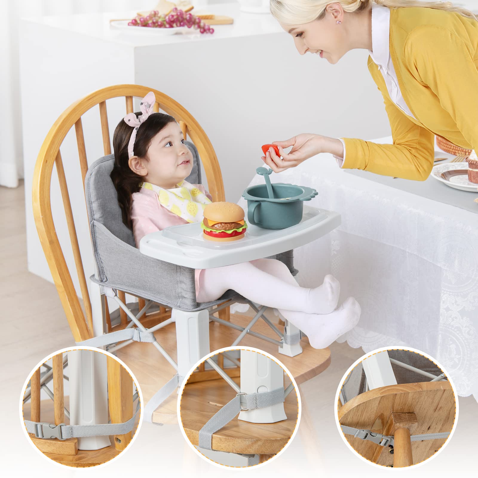 Baby Travel Booster Seat Portable Folding Toddler Floor Dining Chair w/Removable Swivel Double Tray