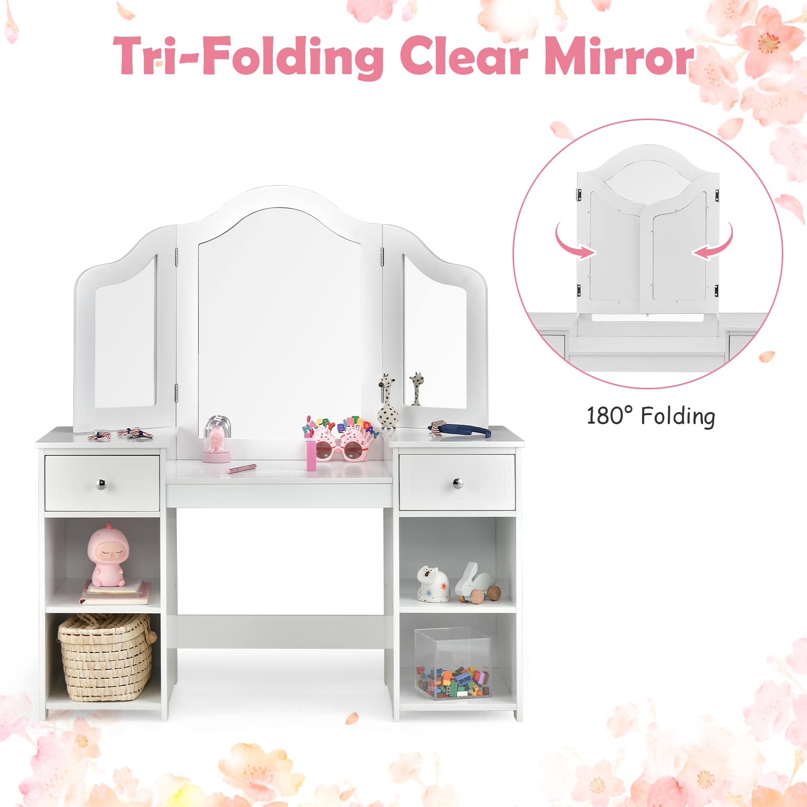 INFANS 2 in 1 Princess Makeup Desk and Chair Set with Drawers Tri-Folding Detachable Mirror Large Storage Shelves