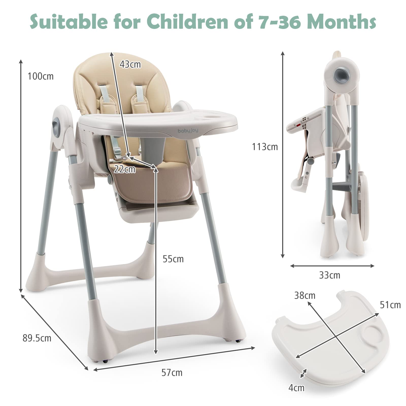 3-In-1 Baby High Chair, Kids Dining Highchair with Reclining Seat