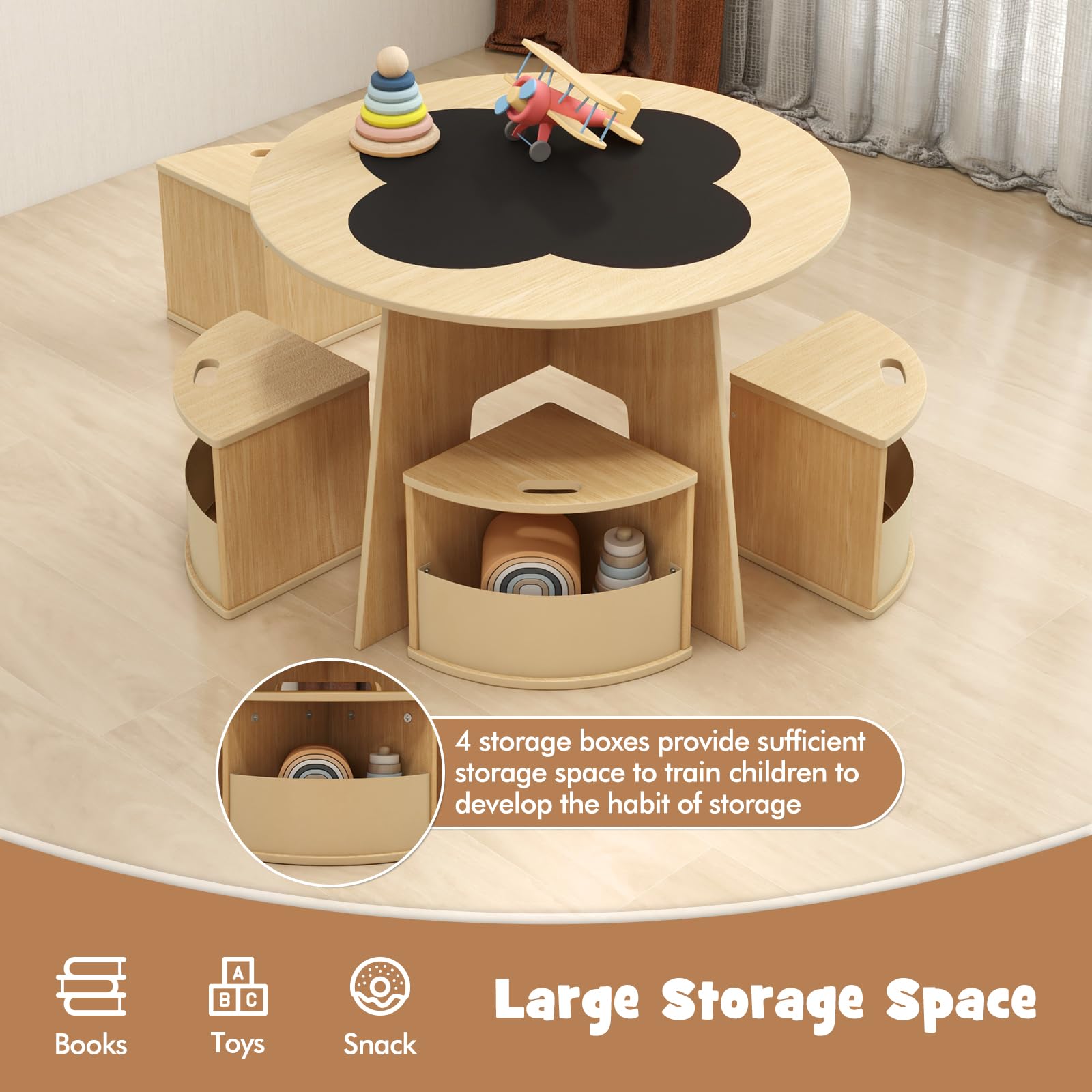 INFANS Toddler Table and Chair Set with 4 Storage Stools
