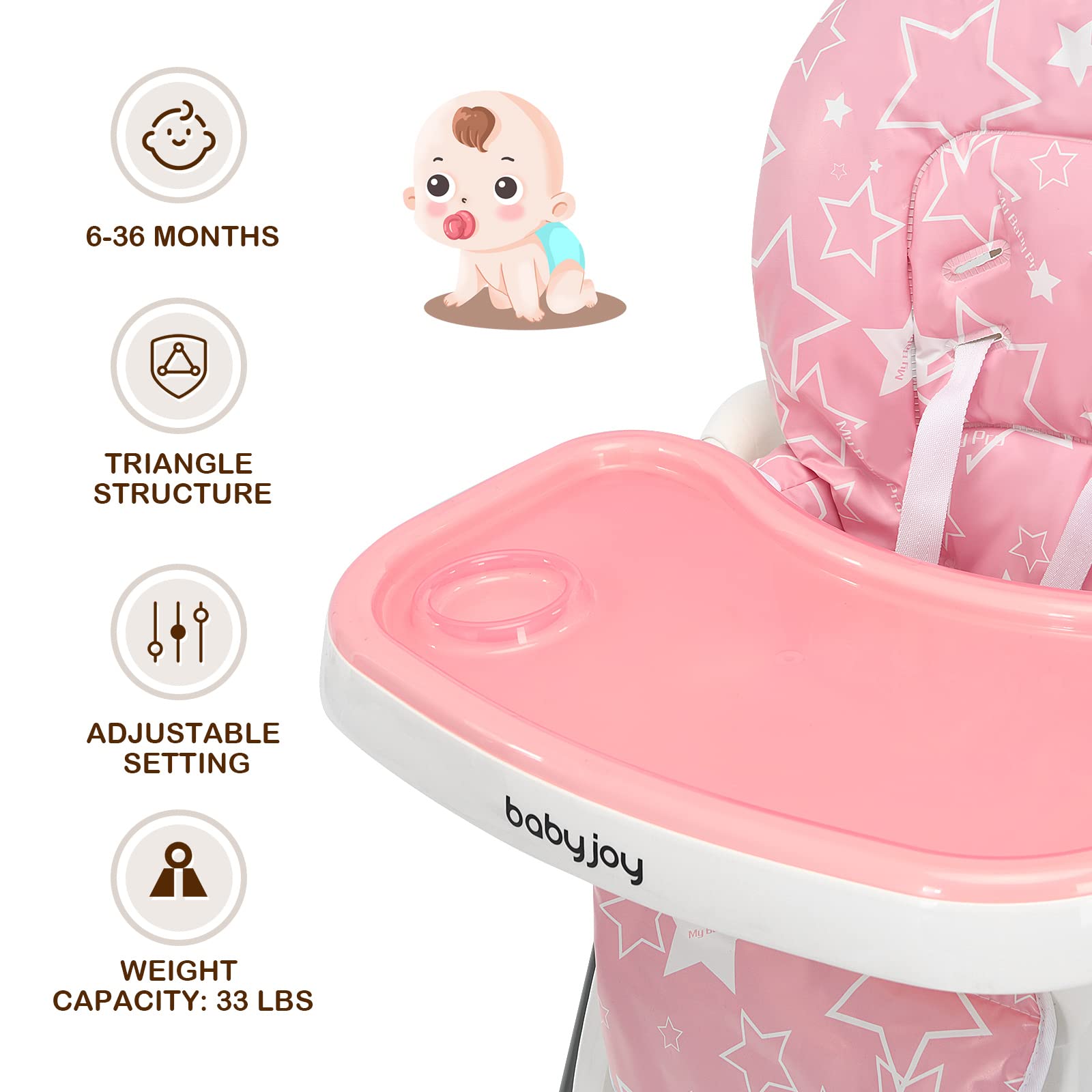 Folding Baby Highchair Eating Feeding Table Booster Seat with 6-Level Height Adjustment