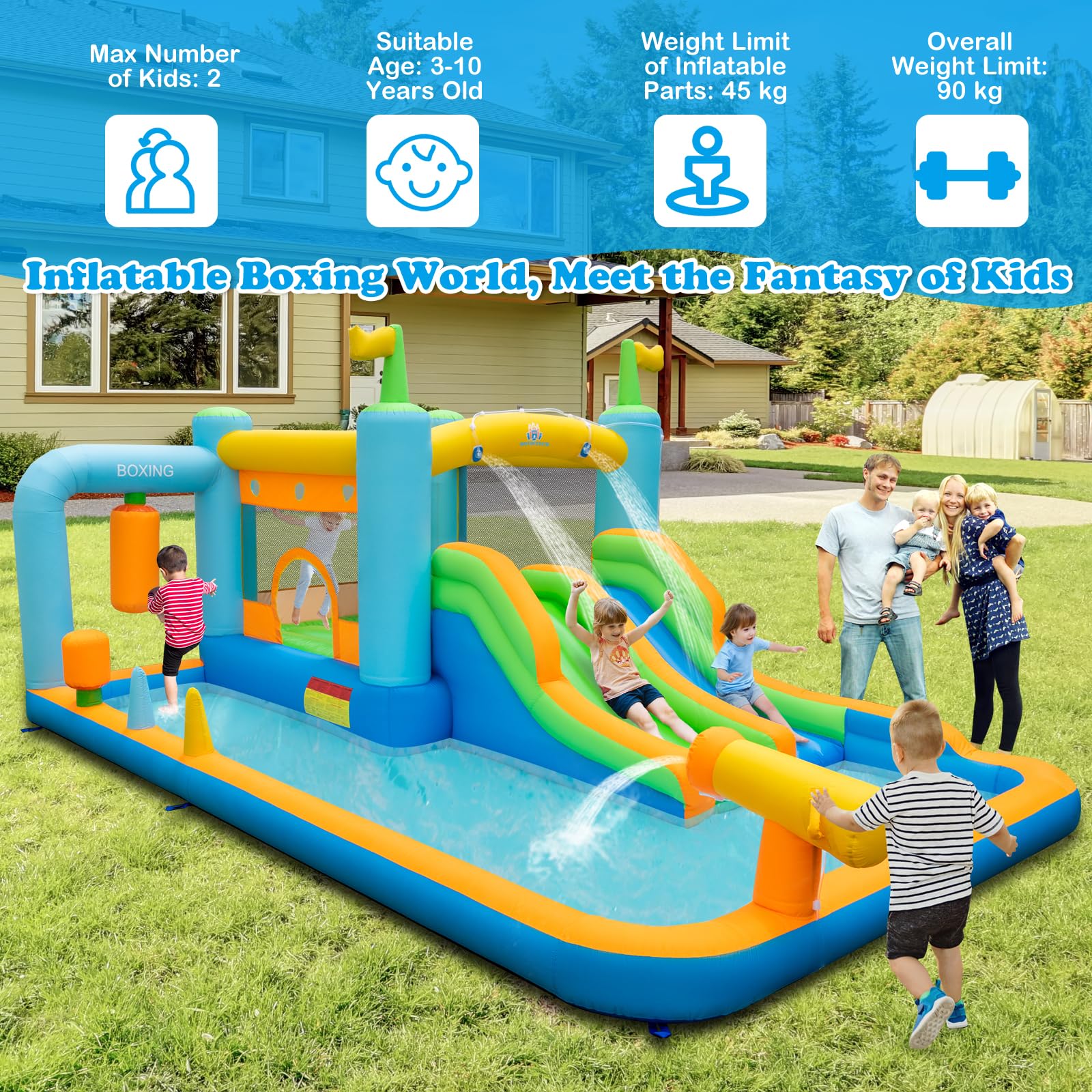 Inflatable Water Slide, Kids Jumping Castle Bounce House w/Dual Slides, Boxing Sandbag, Splash Pool
