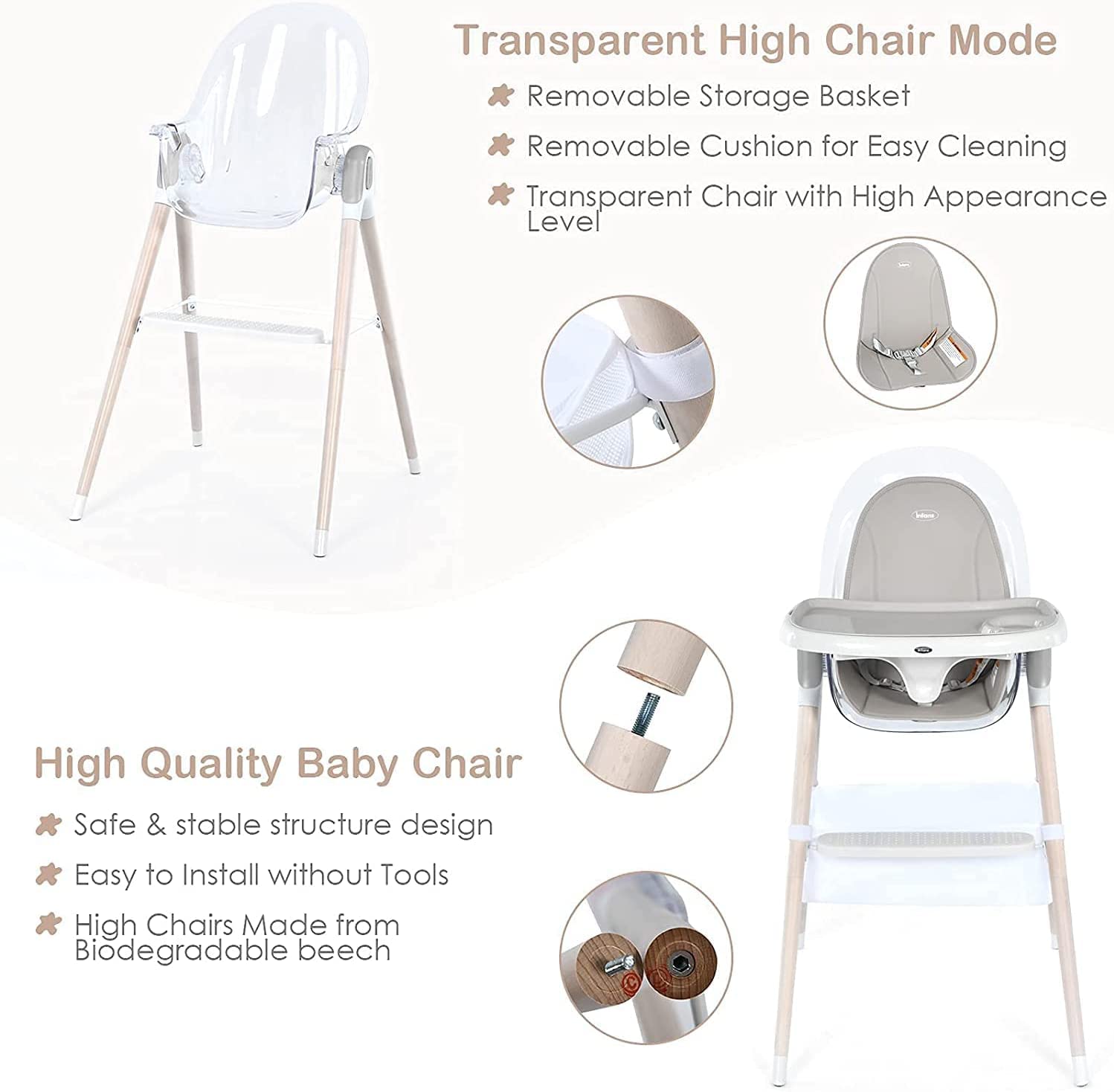 INFANS 3 in 1 Wooden Baby Highchair