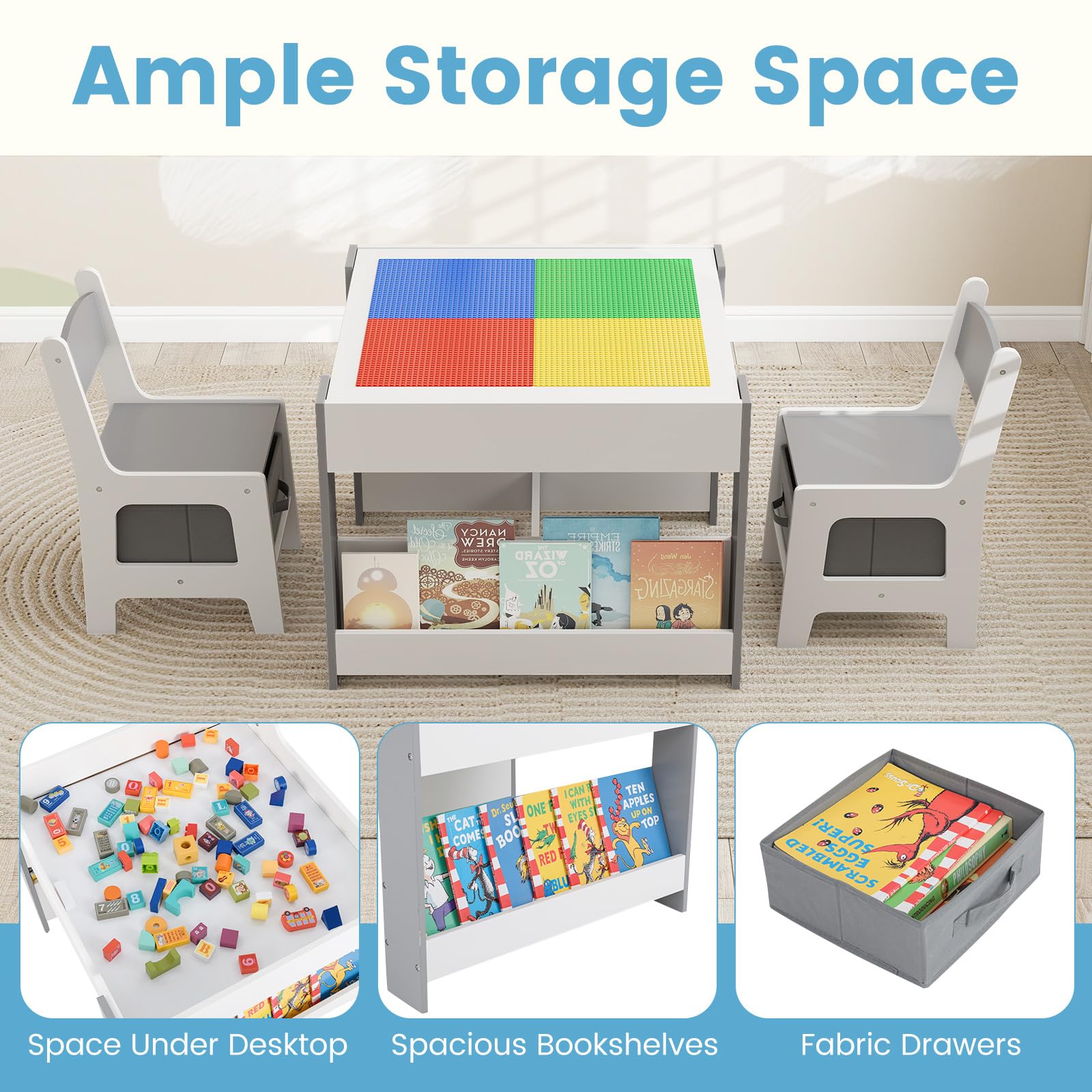 Kids Table and Chair Set, 4 in 1 Building Block Wooden Activity Desk with Reversible Tabletop Storage Drawers