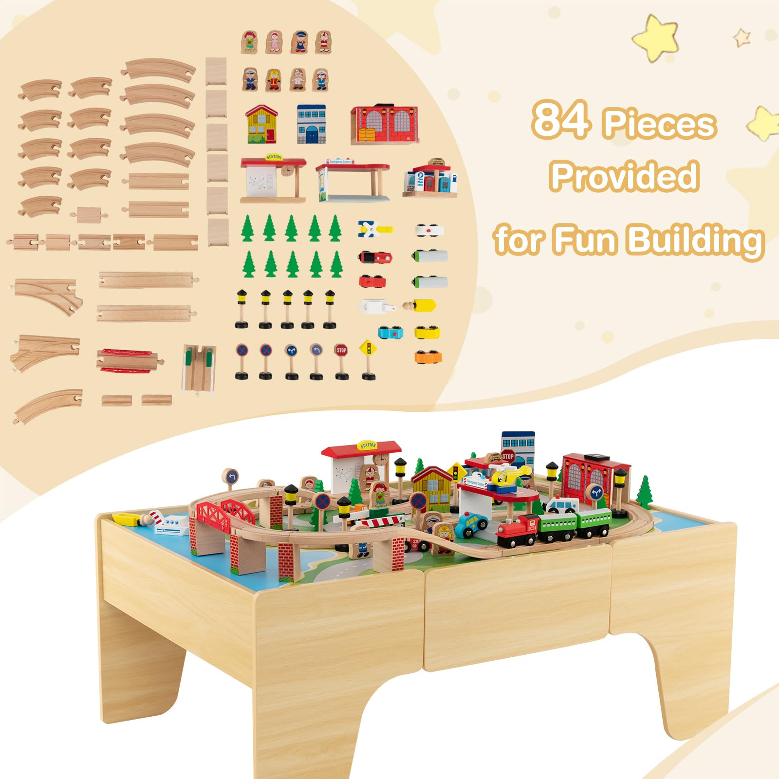 Train Table, 84 Pieces Wooden Kids Activity Toy Table Playset with Reversible Detachable Tabletop