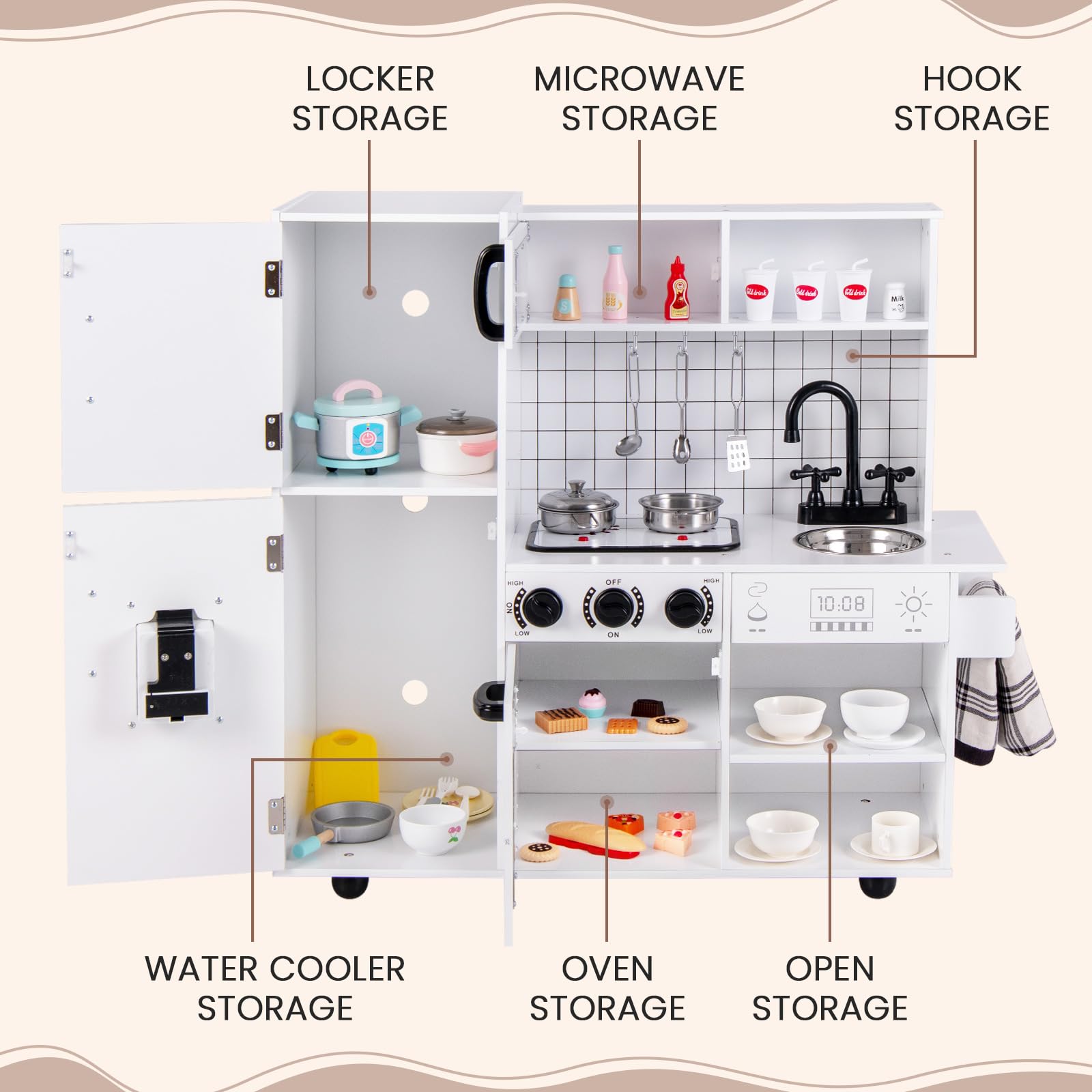 INFANS Play Kitchen for Kids, Wooden Kids Play Kitchen Playset with Realistic Light & Sounds