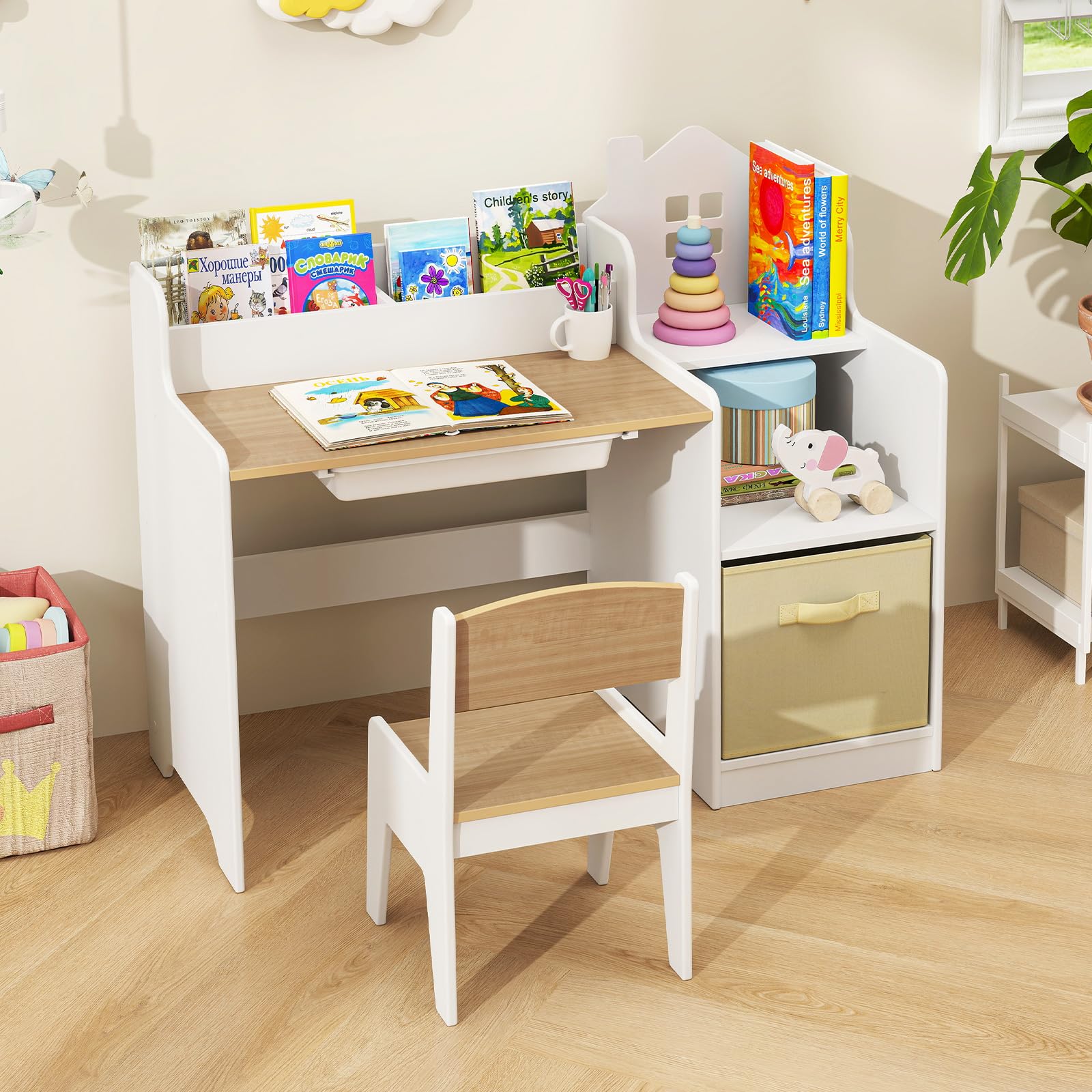 INFANS Kids Table and Chair Set Toddler Art Craft Play Wood Activity Desk with Chairs