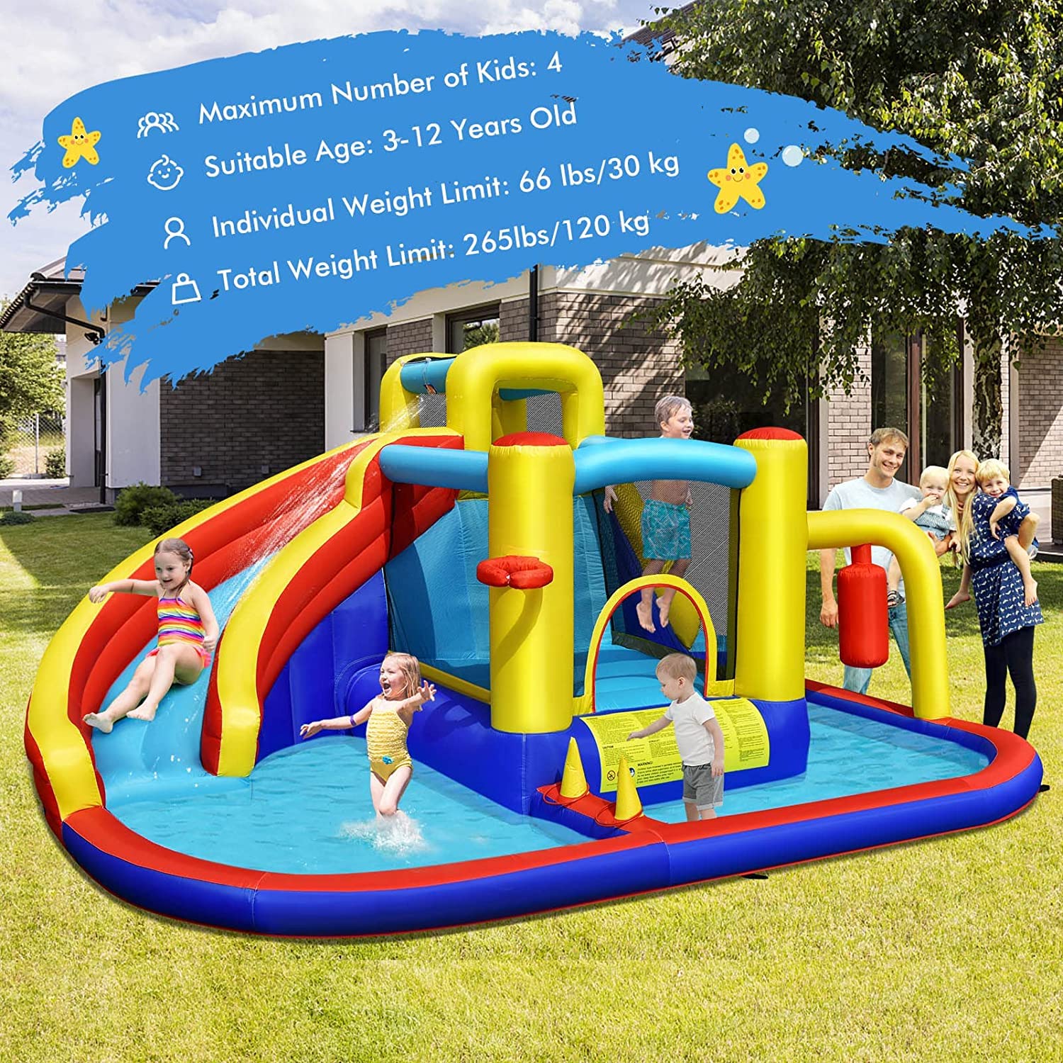 Inflatable Water Slide, 7-in-1 Outdoor Kids Water Bounce House Jumping Castle w/Combo Water Slide, Splash Pool