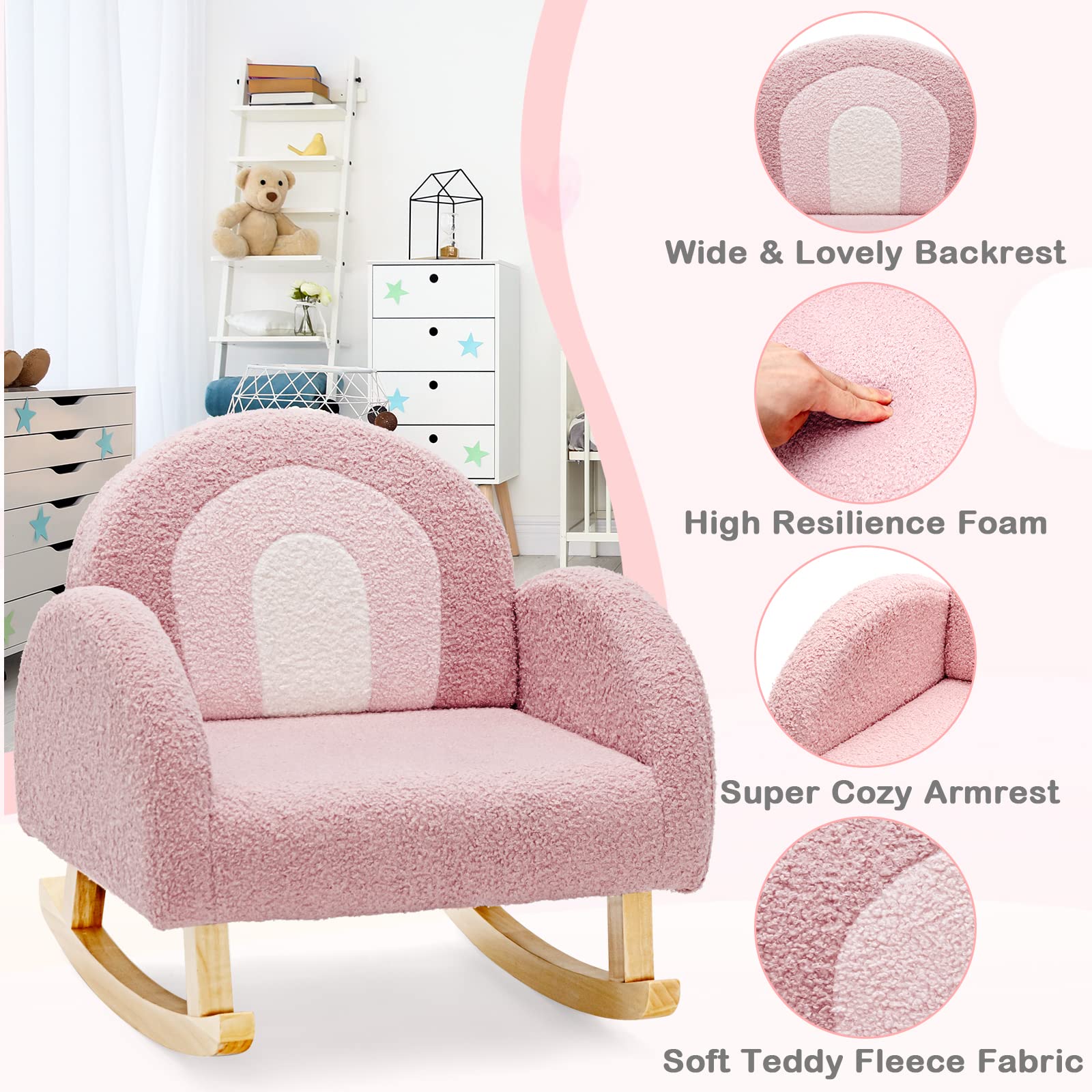 INFANS Kids Sofa Toddler Rocking Chair with Solid Wooden Frame, Anti-Tipping Design