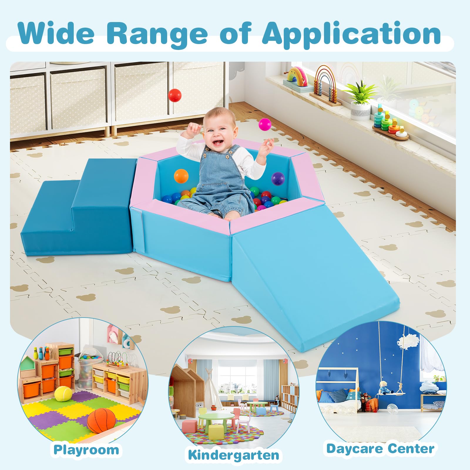 3-Piece Baby Foam Climbing Blocks with Ball Pit and 100 Colorful Ocean Balls