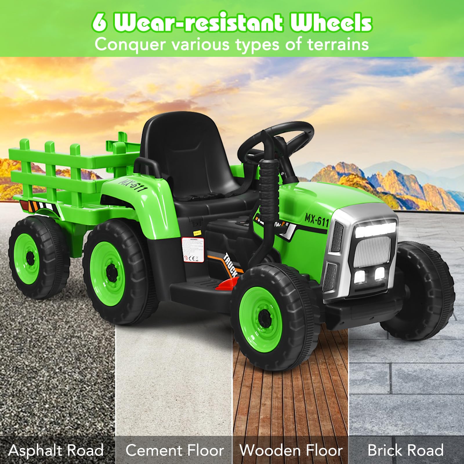 Kids Ride On Car, 12V Electric Ride On Tractor with Trailer for Children, Electric Toy Car for Over 3 w/Remote Control