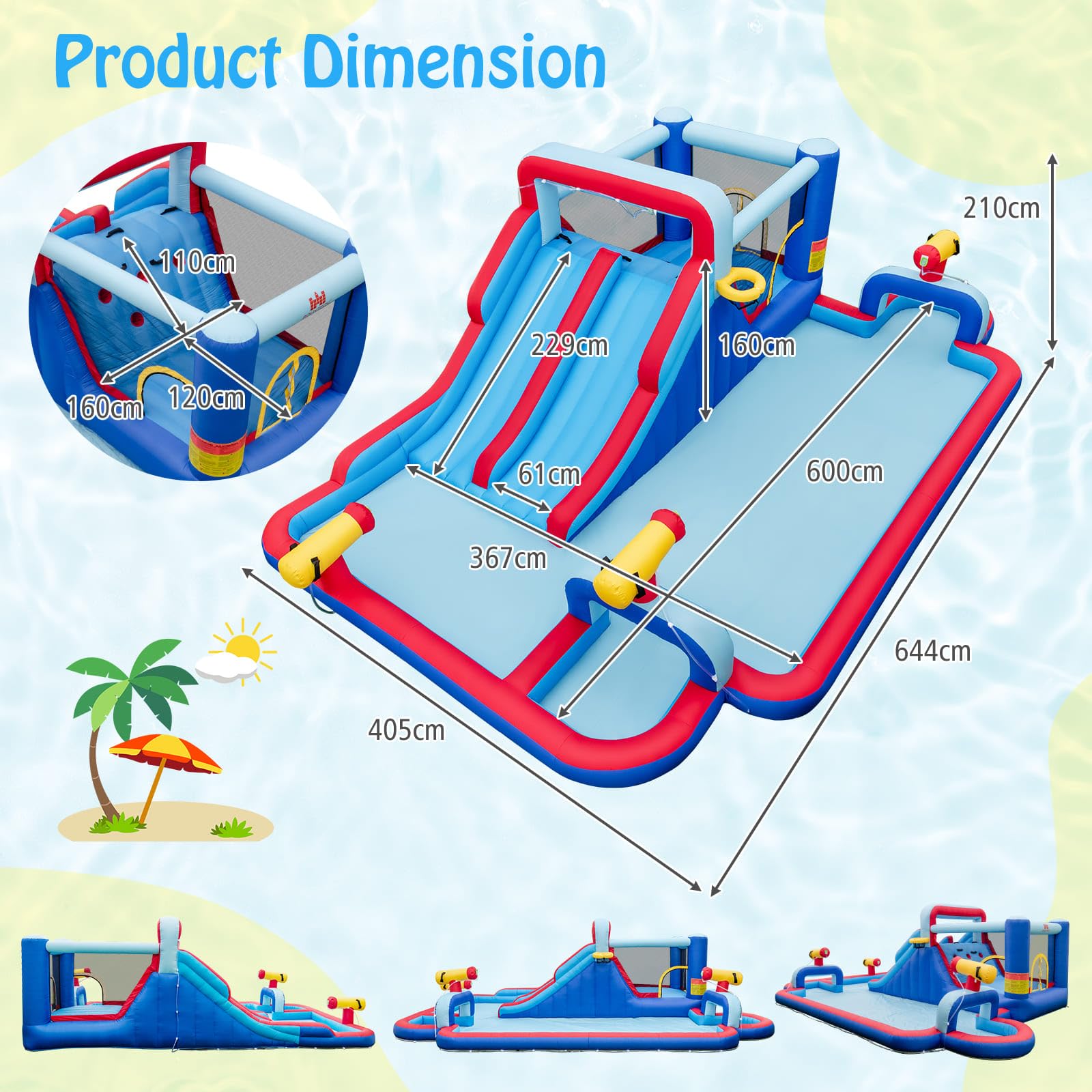 Water Slide Park, 5-in-1 Inflatable Jumping House w/Dual Slides, Climbing Wall, Splash Pool