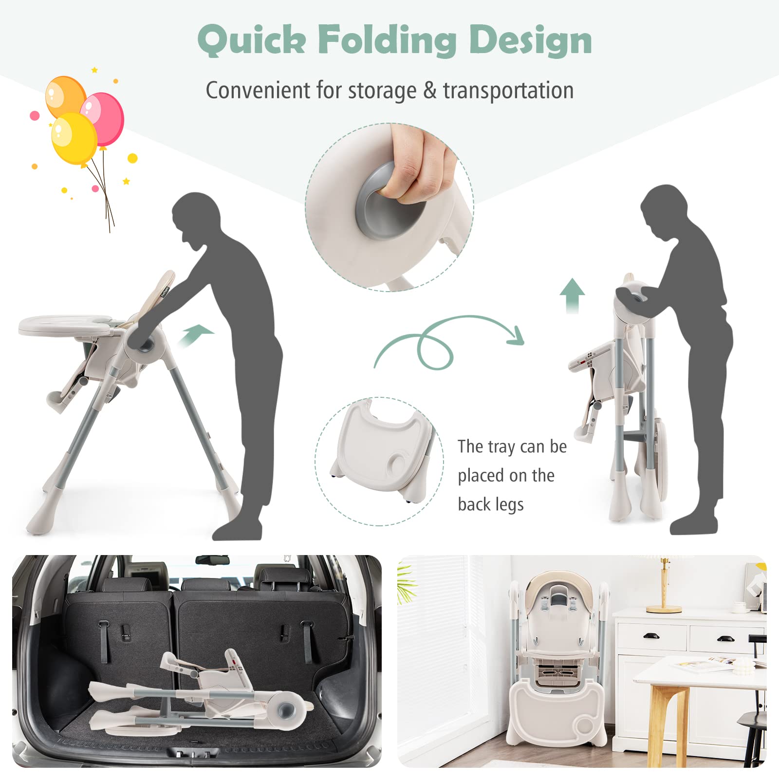 3-In-1 Baby High Chair, Kids Dining Highchair with Reclining Seat