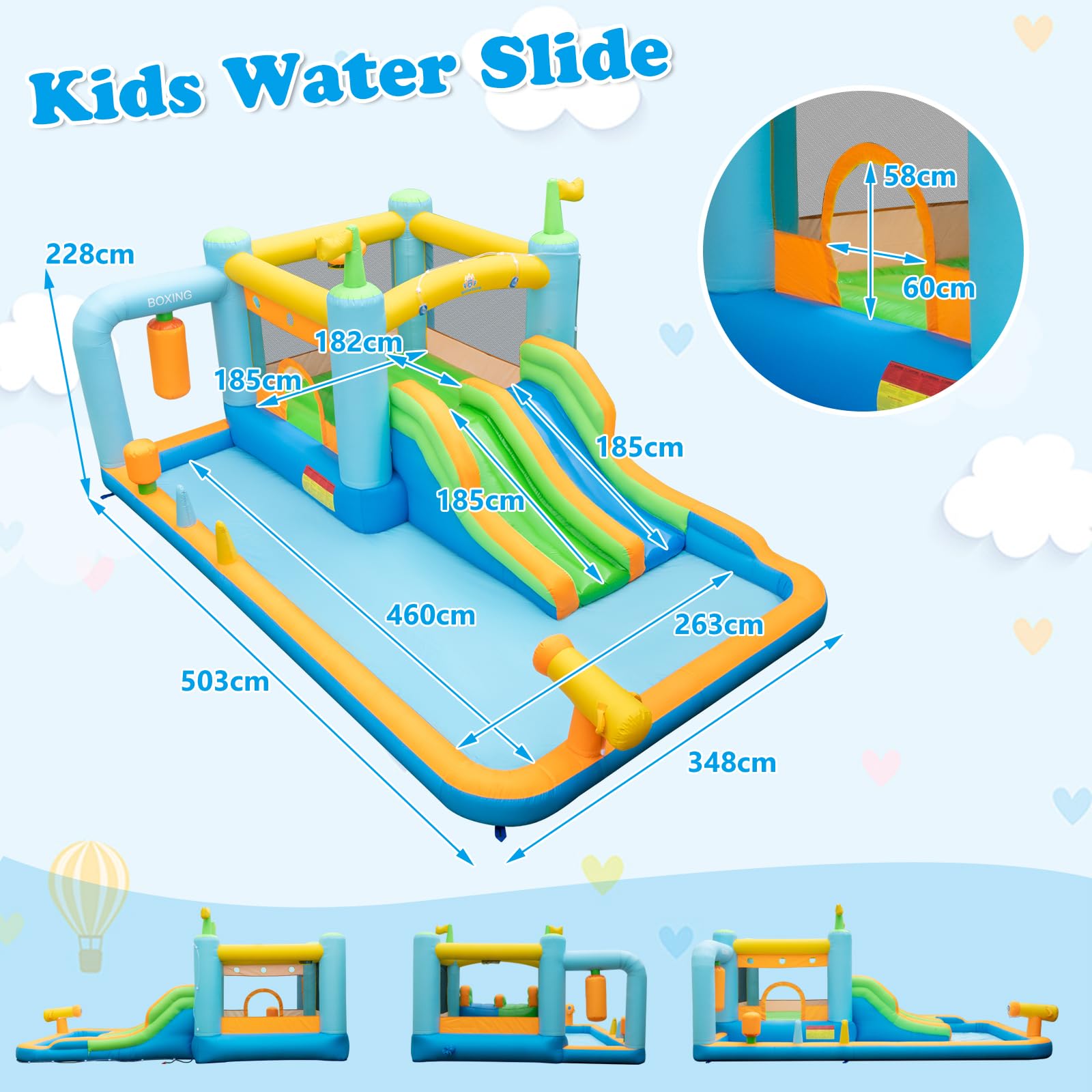 Inflatable Water Slide, Kids Jumping Castle Bounce House w/Dual Slides, Boxing Sandbag, Splash Pool