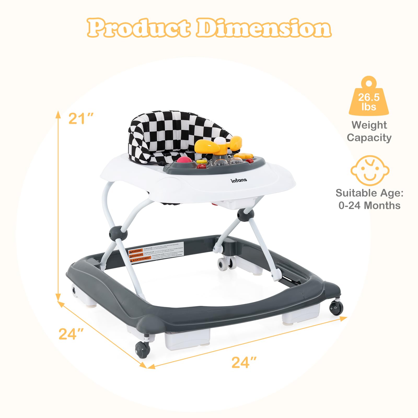 INFANS Foldable Baby Walker 3 in 1 Toddler Walker Leaning-Seated Walk-Behind with Removable Music Tray