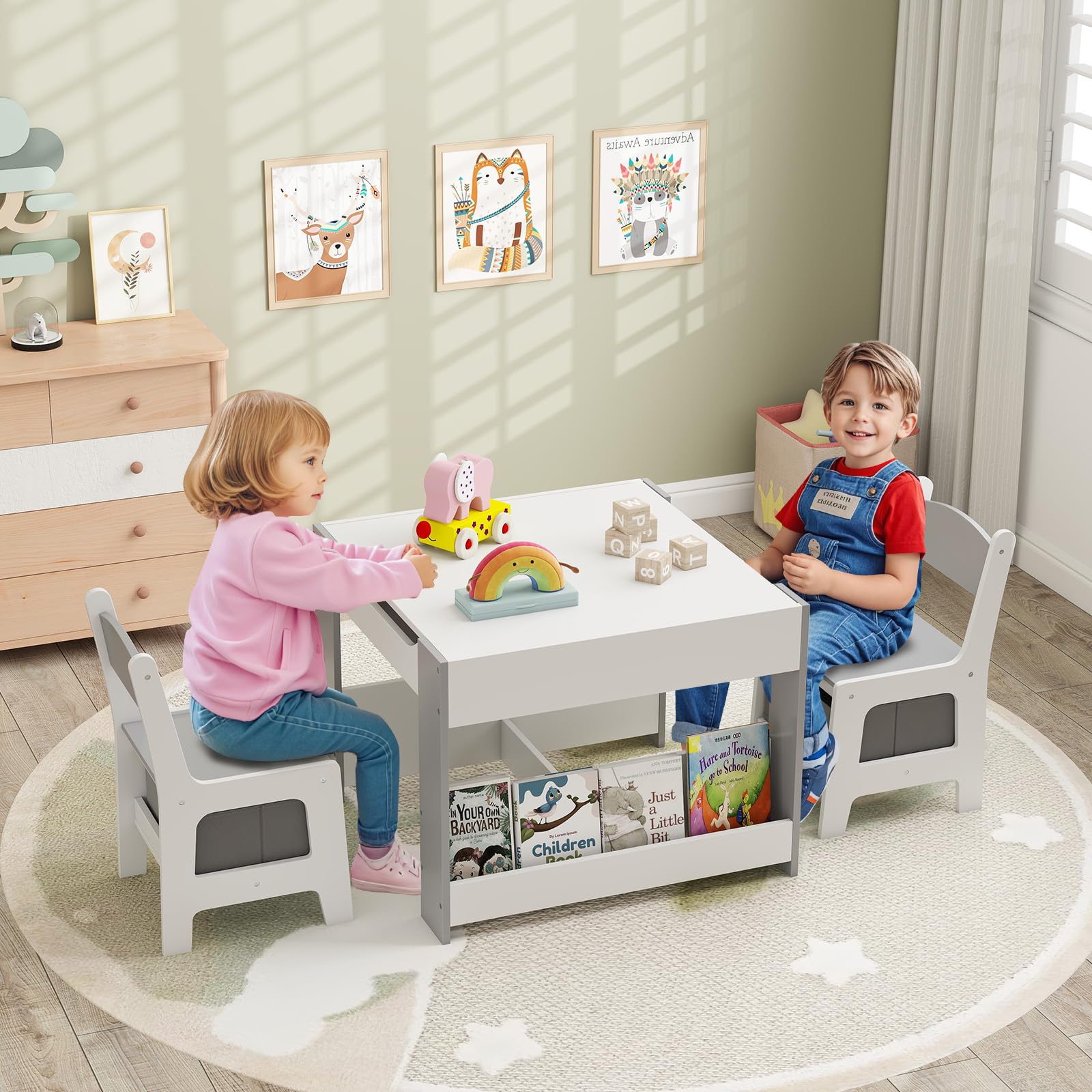 Kids Table and Chair Set, 4 in 1 Building Block Wooden Activity Desk with Reversible Tabletop Storage Drawers