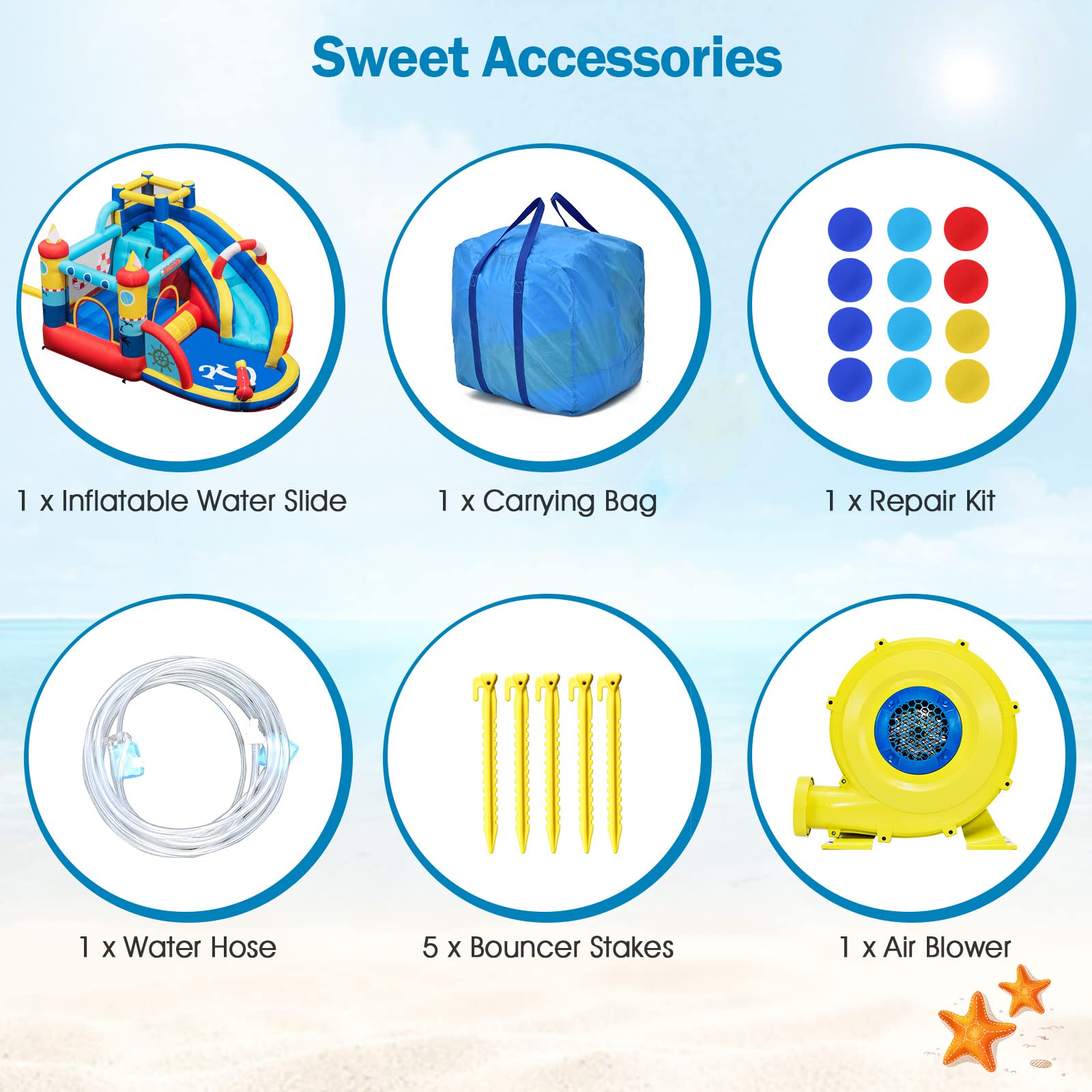 Nautical Themed Bounce House Water Park with Slide, Splash Pool, Climbing Wall, Water Gun, Outdoor Jumping Castle with Hose, Carry Bag, Repairing Kit, Stakes