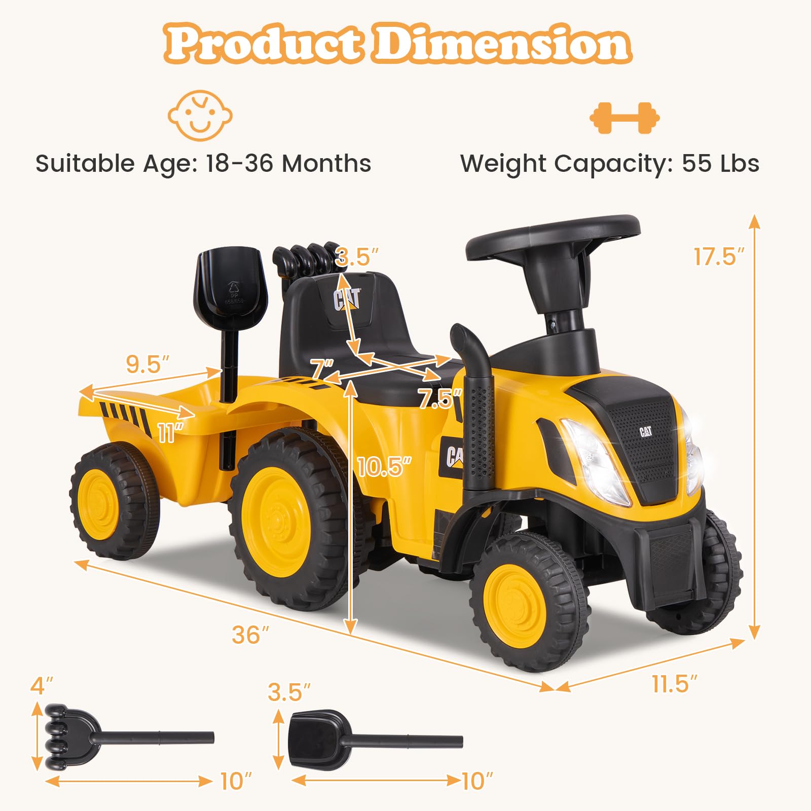 Licensed Caterpillar Ride on Tractor by OLAKIDS, 2 in 1 Ride on Push Car with Detachable Trailer