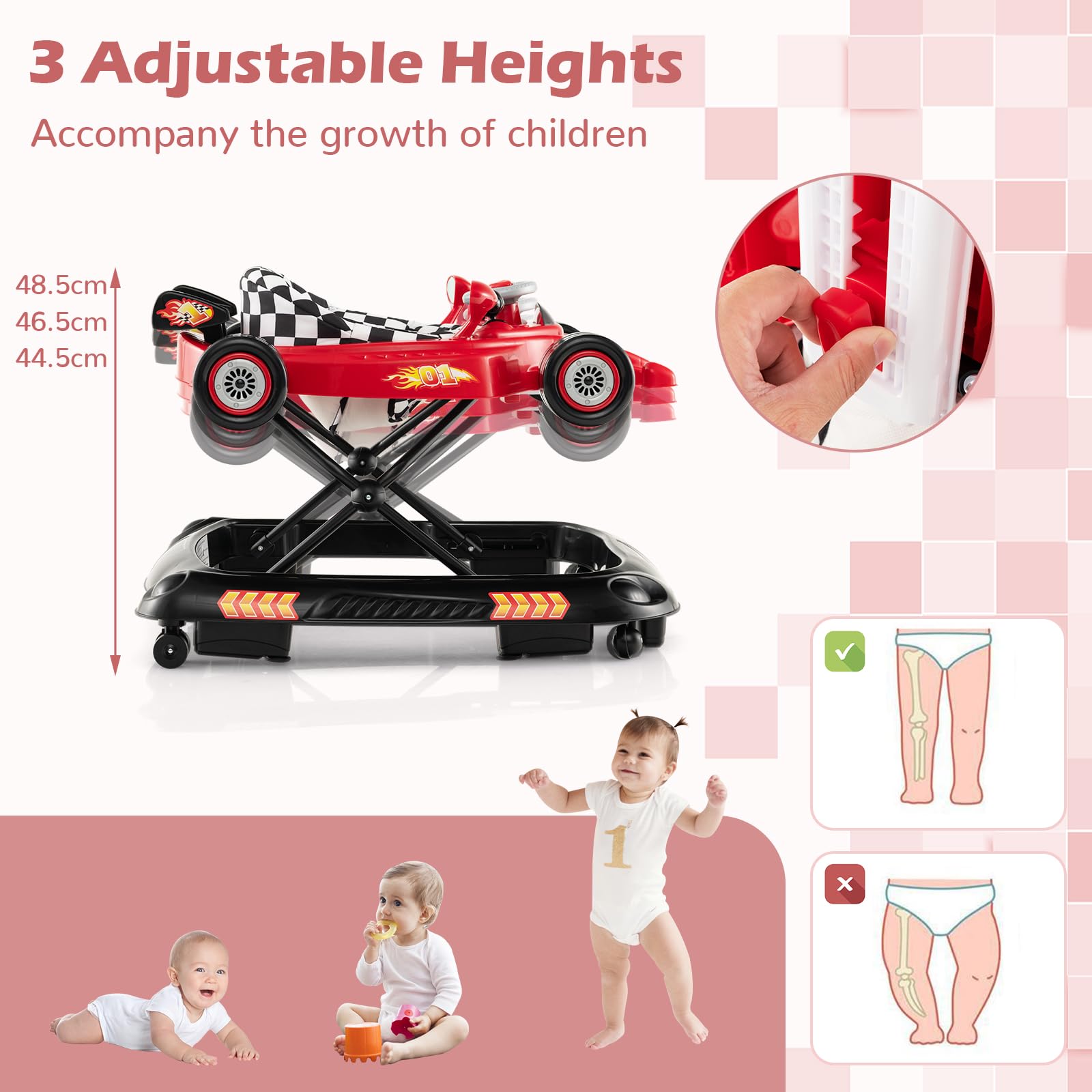 Foldable Baby Walker with 3 Adjustable Height Settings for 7-14 Months Boys Girls