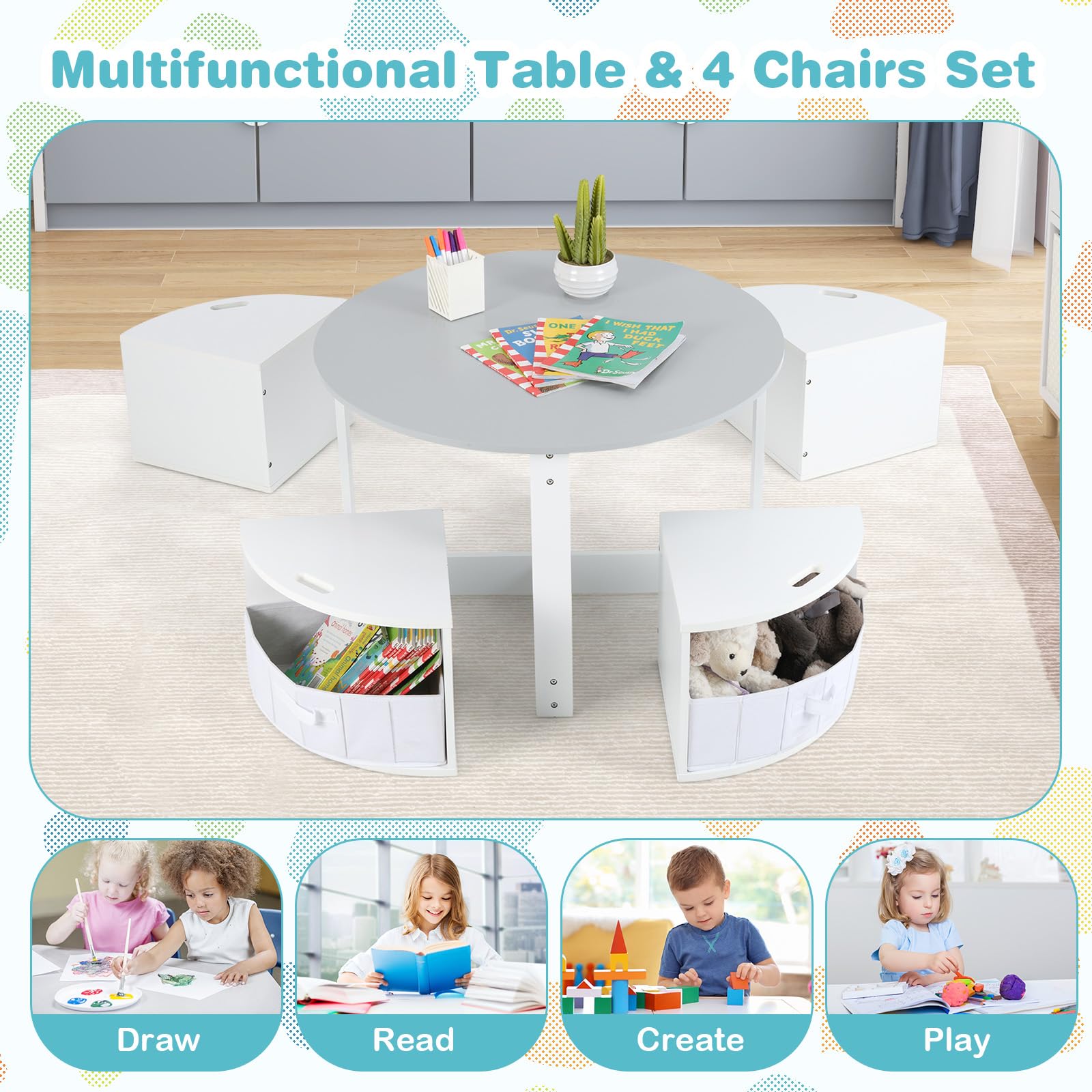 Toddler Table and Chair Set with 4 Storage Stools, Wooden Flower Shaped Nesting Table Blackboard Drawers