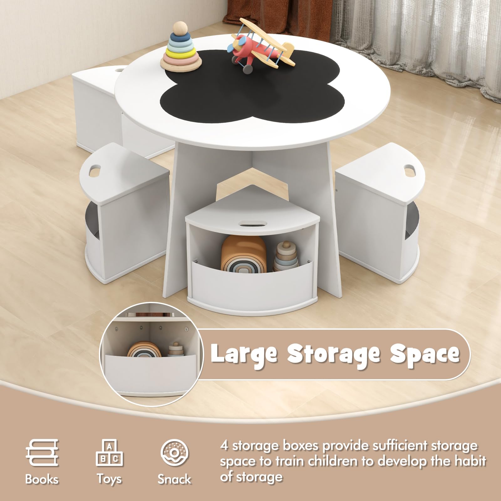 INFANS Toddler Table and Chair Set with 4 Storage Stools