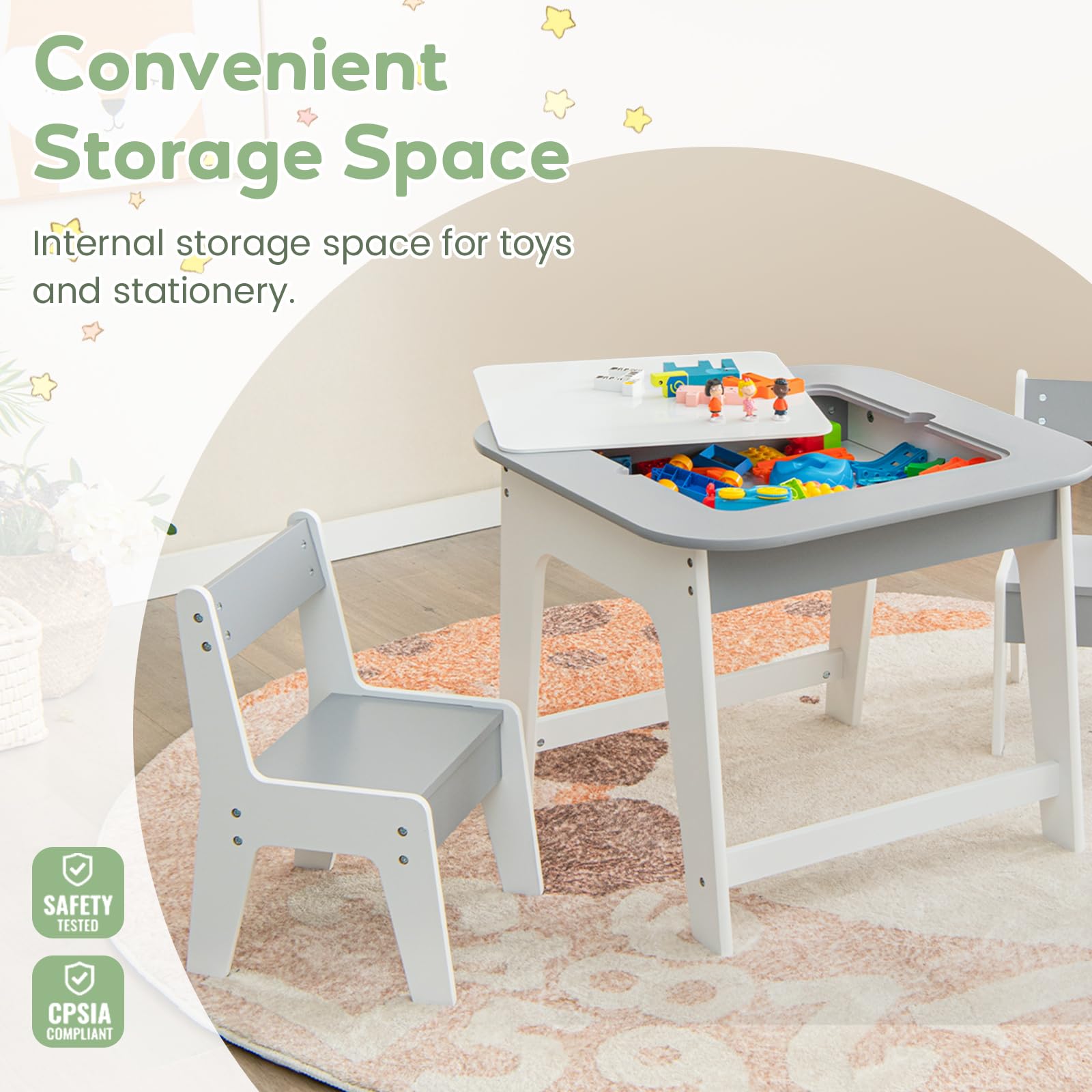 INFANS Kids Table and Chair Set, 3 in 1 Wooden Activity Table with Removable Blackboard and Whiteboard
