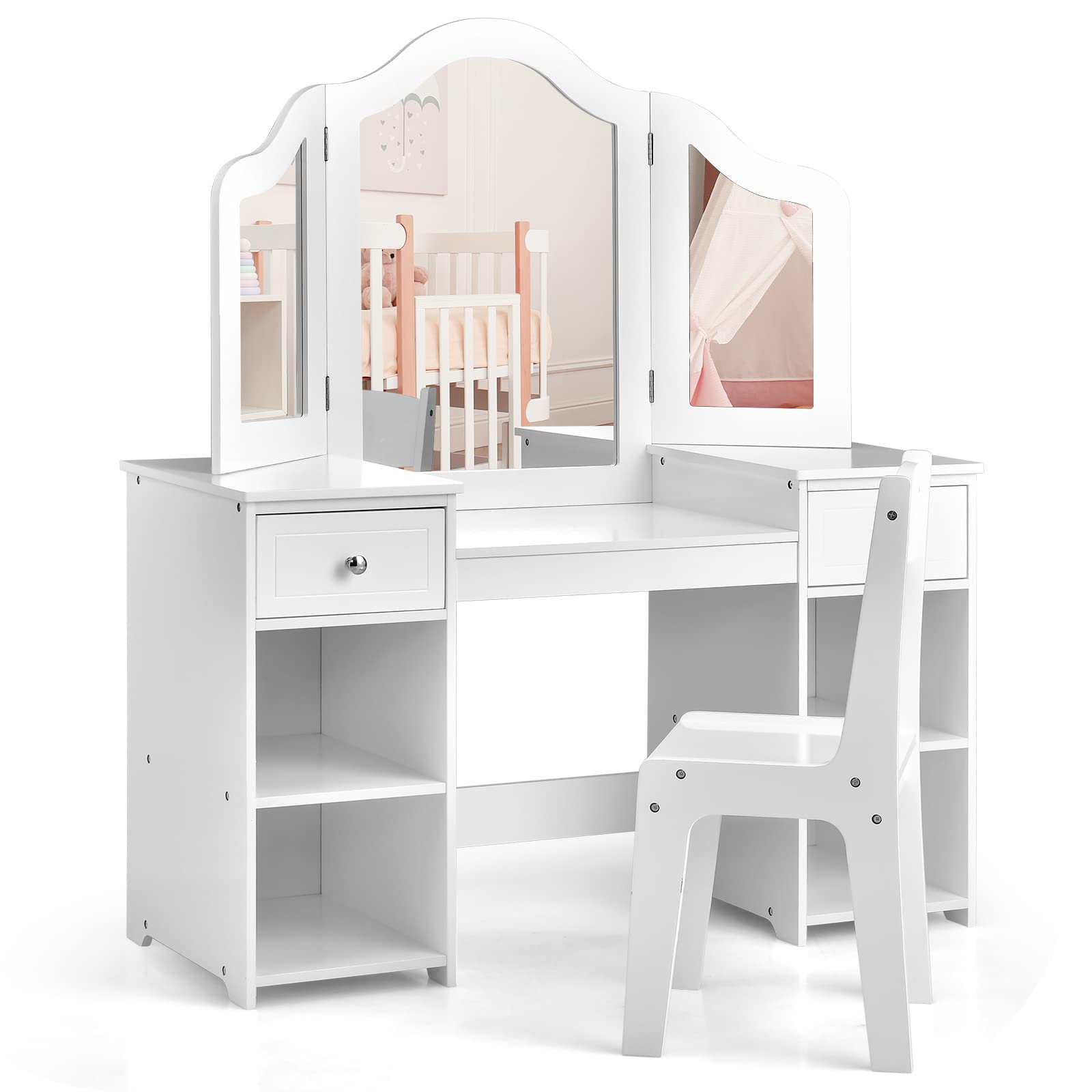 INFANS 2 in 1 Princess Makeup Desk and Chair Set with Drawers Tri-Folding Detachable Mirror Large Storage Shelves