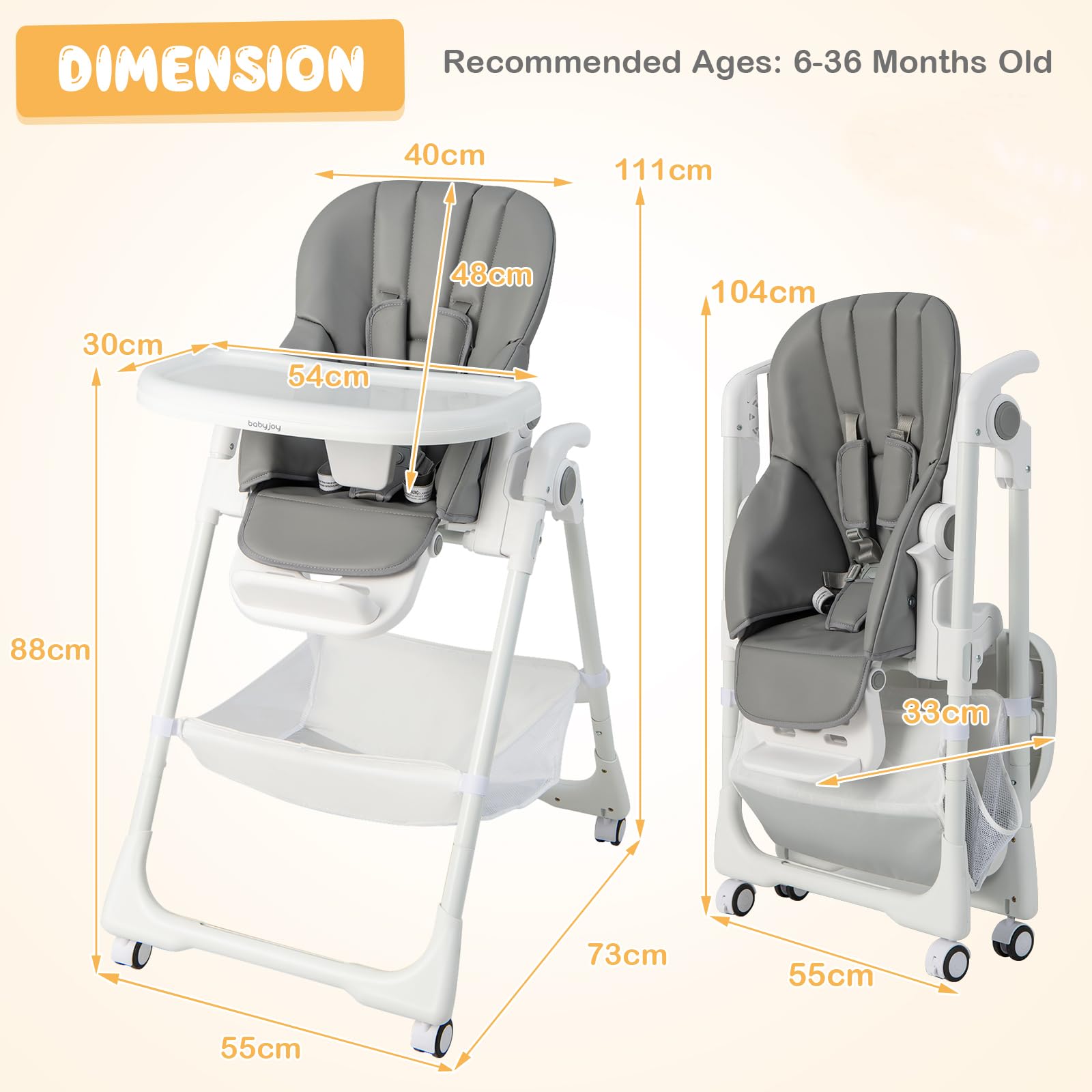 Baby High Chair Foldable Highchair w/ 7 Heights 5 Recline Positions Adjustable Footrest