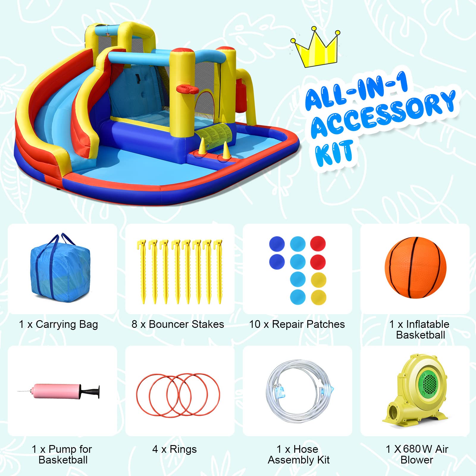 Inflatable Water Slide, 7-in-1 Outdoor Kids Water Bounce House Jumping Castle w/Combo Water Slide, Splash Pool