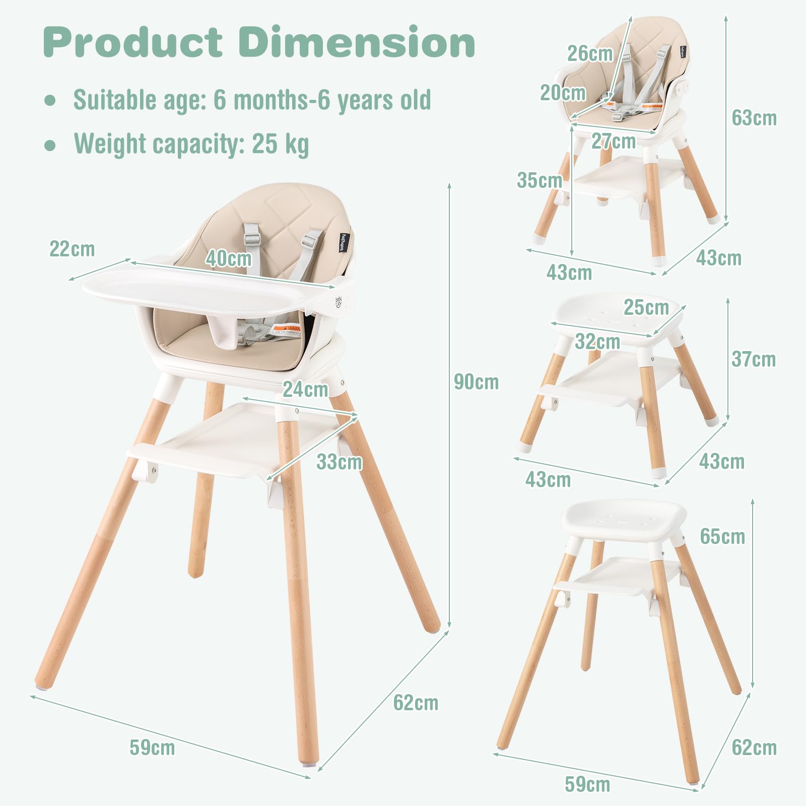 6-in-1 Convertible Wooden High Chair Baby High Chair with Double Dishwasher Safe Trays