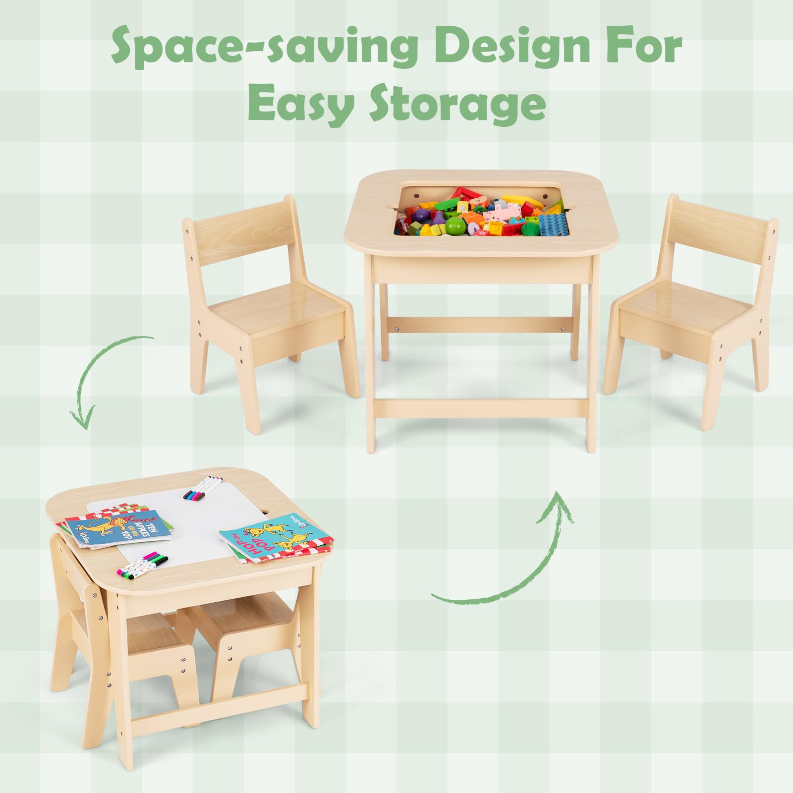INFANS Kids Table and Chair Set, 3 in 1 Wooden Activity Table with Removable Blackboard and Whiteboard