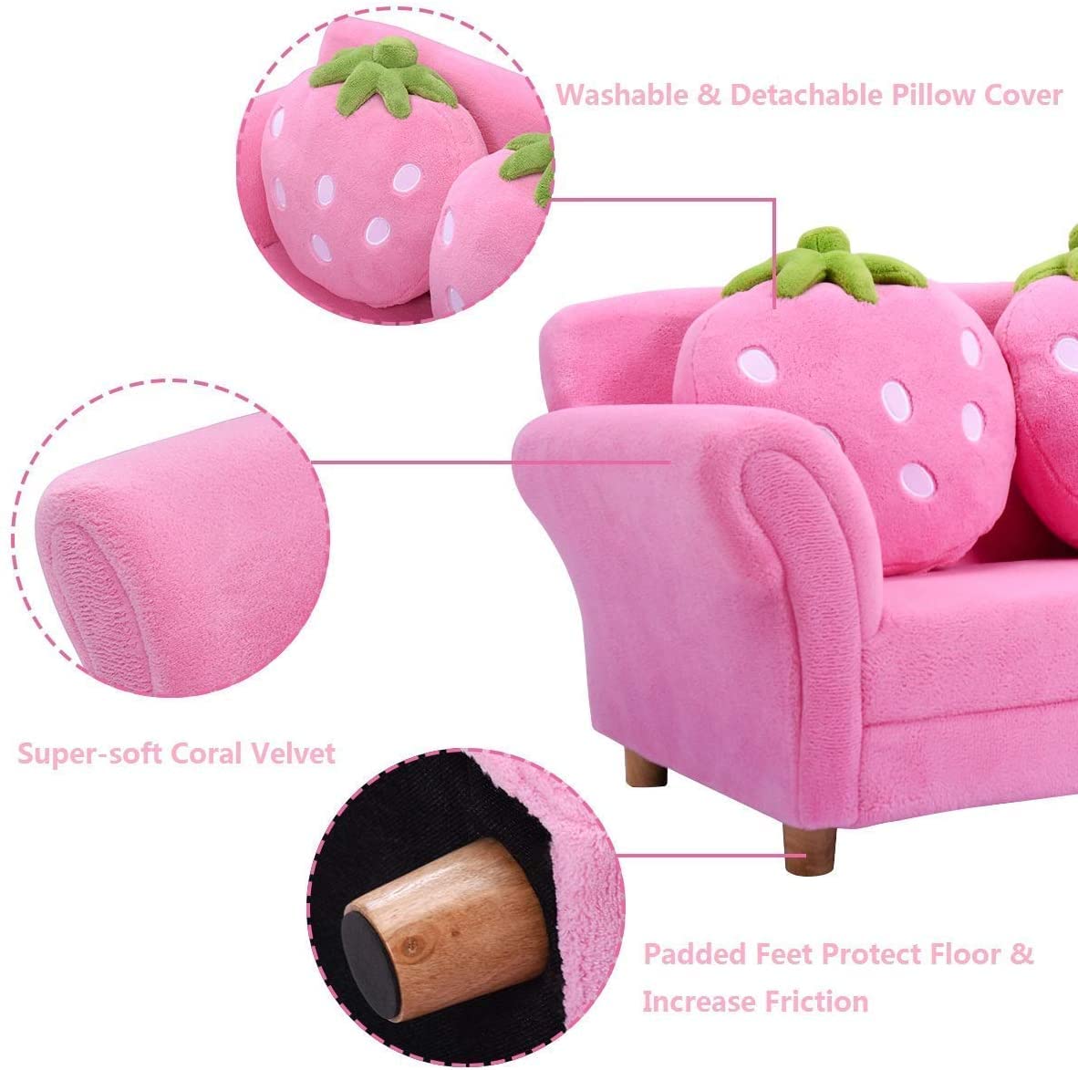 Children Couch Armrest Chair Double Seats with Strawberry Pillows